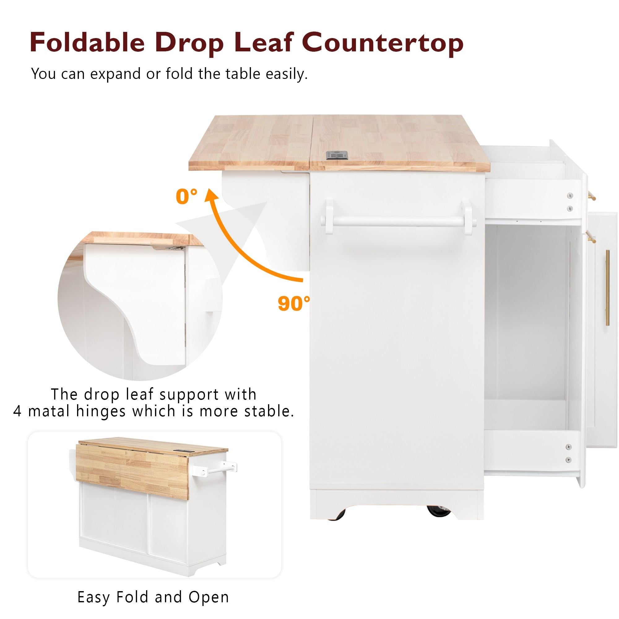 K&K 59.3" Kitchen Island with Storage 2 Pull Out Cabinet Organizers & Rubber Wood Drop Leaf, Rolling Kitchen Island with Trash Can Storage