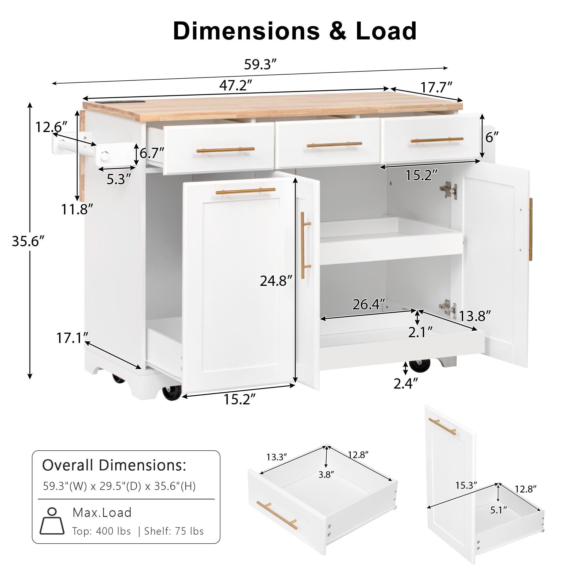 K&K 59.3" Kitchen Island with Storage 2 Pull Out Cabinet Organizers & Rubber Wood Drop Leaf, Rolling Kitchen Island with Trash Can Storage