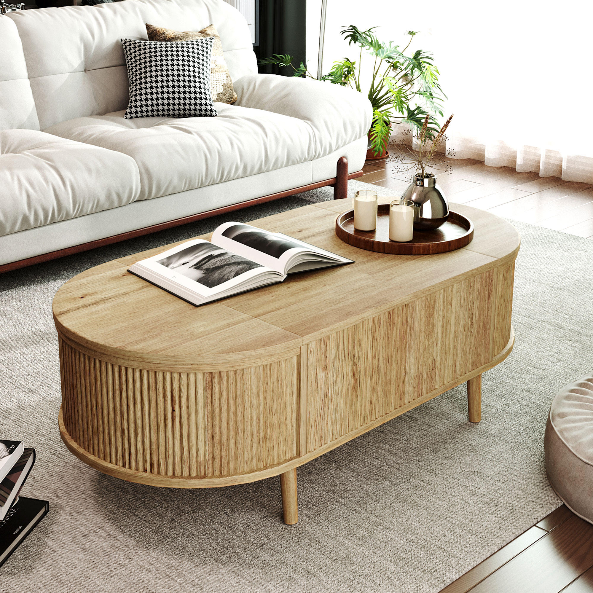 U-Can Minimalist Oval Lift-Top Coffee Table with Hidden Storage and Wood Wave Grain Finish