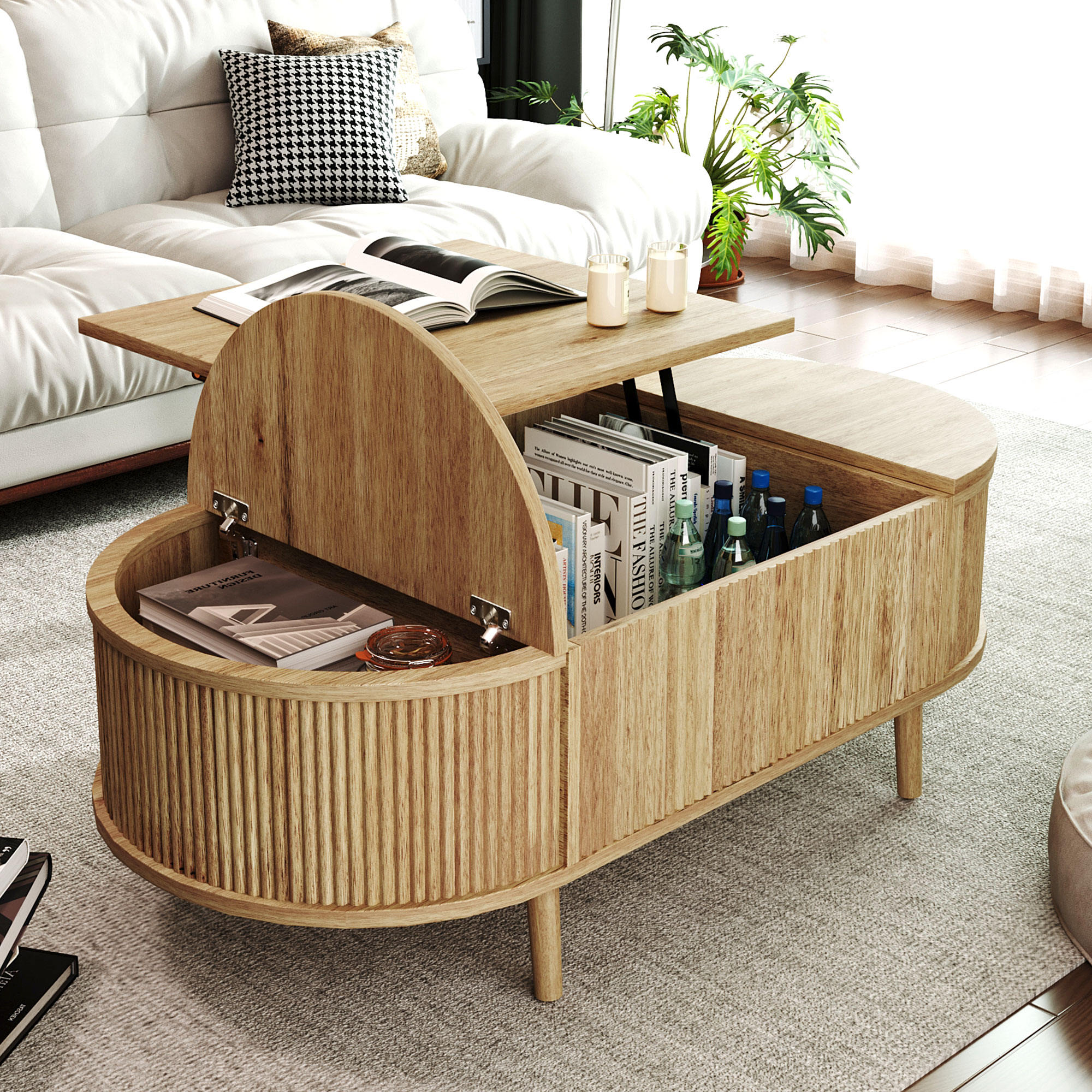 U-Can Minimalist Oval Lift-Top Coffee Table with Hidden Storage and Wood Wave Grain Finish