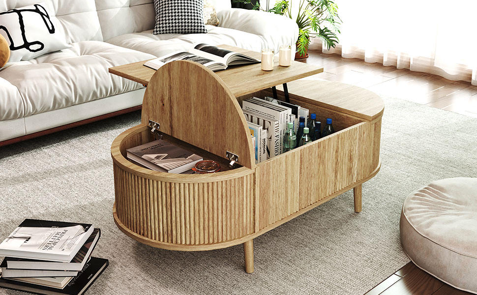 U-Can Minimalist Oval Lift-Top Coffee Table with Hidden Storage and Wood Wave Grain Finish