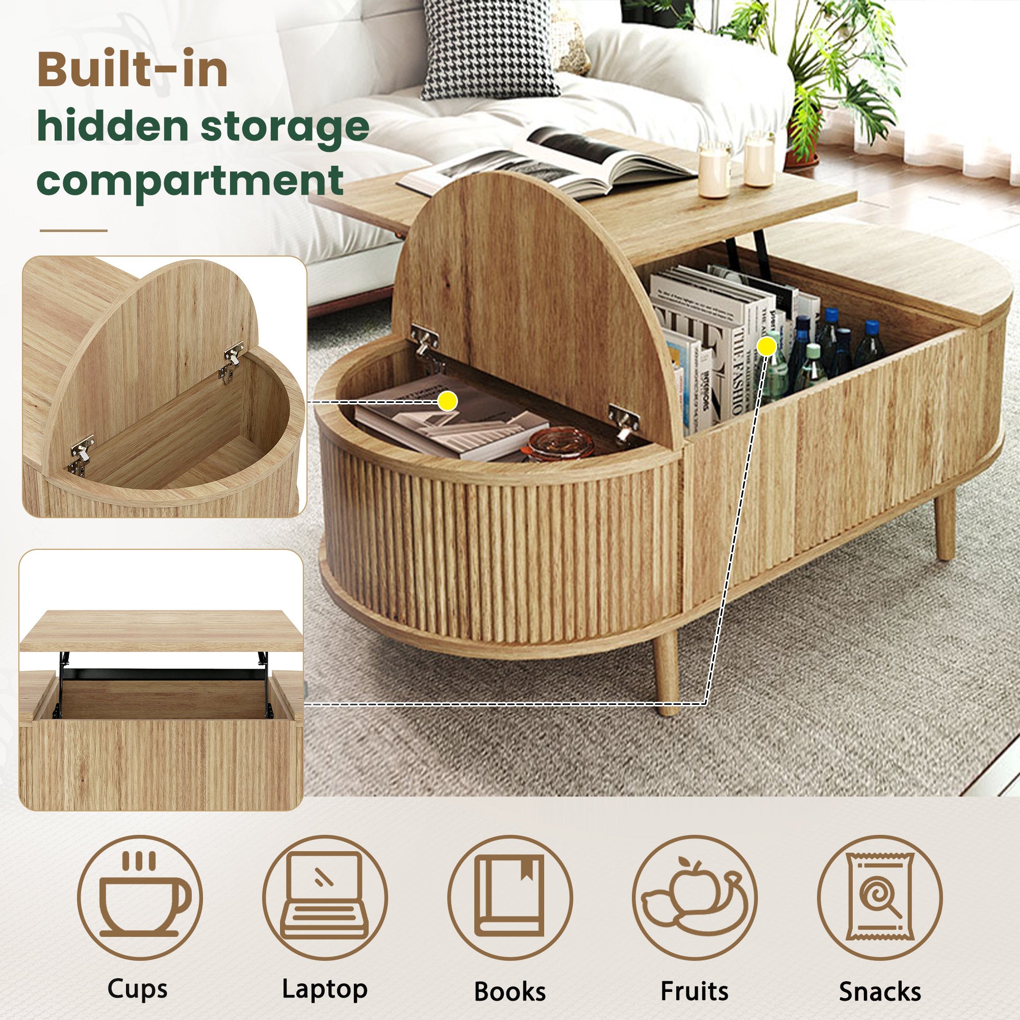 U-Can Minimalist Oval Lift-Top Coffee Table with Hidden Storage and Wood Wave Grain Finish