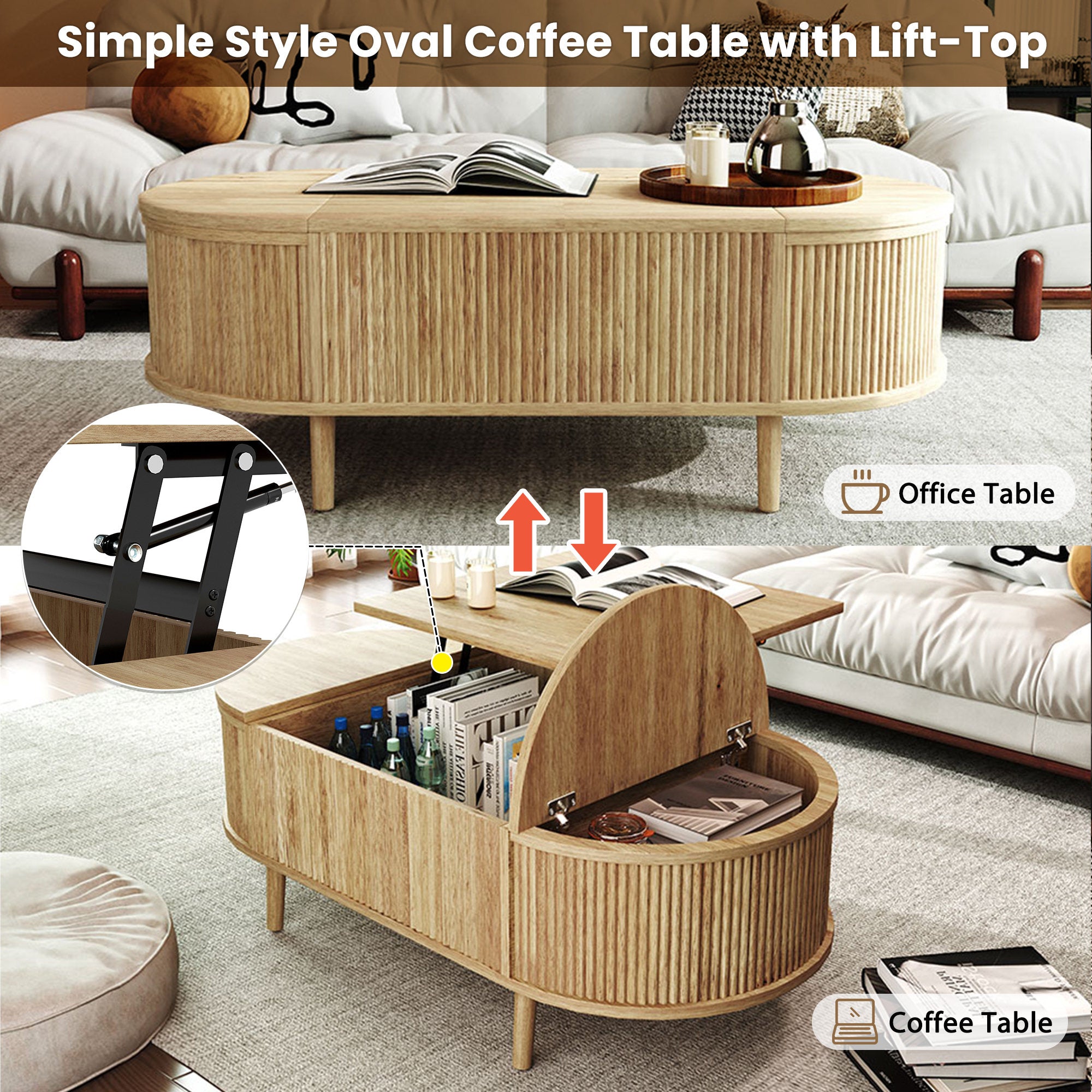 U-Can Minimalist Oval Lift-Top Coffee Table with Hidden Storage and Wood Wave Grain Finish
