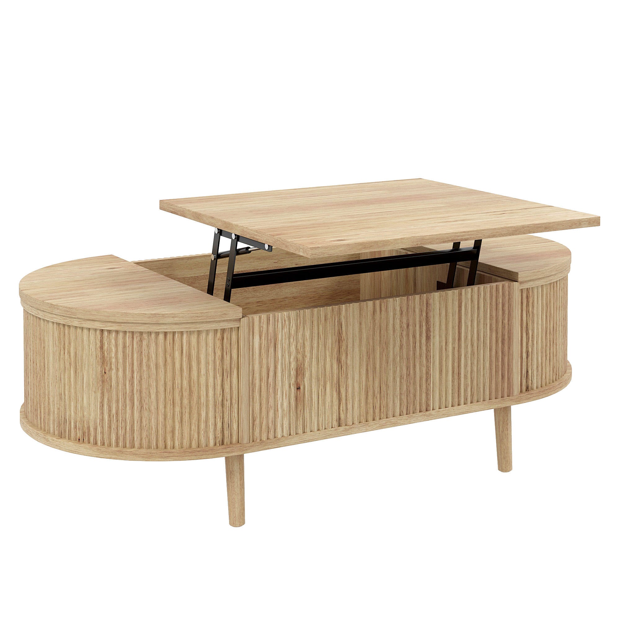 U-Can Minimalist Oval Lift-Top Coffee Table with Hidden Storage and Wood Wave Grain Finish