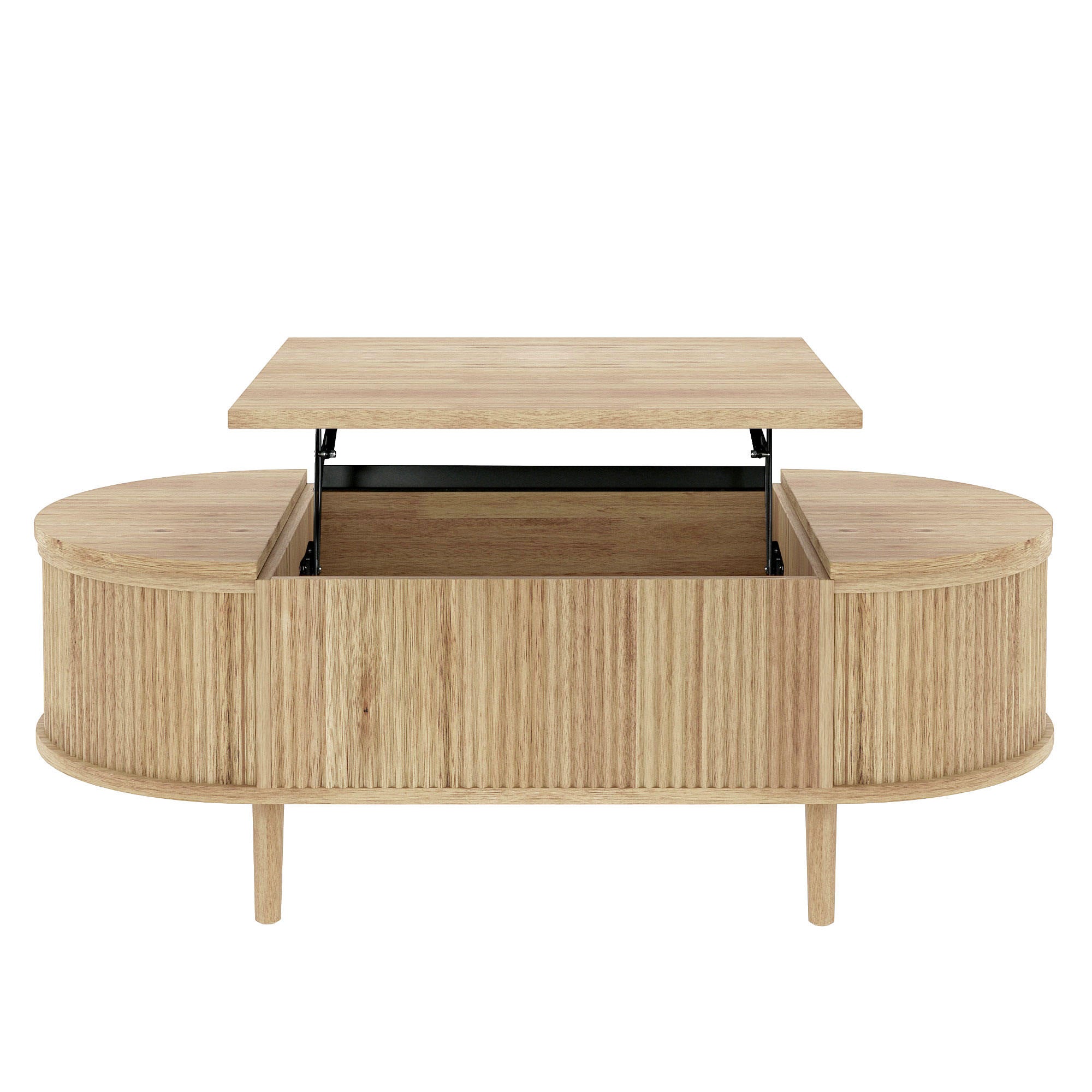 U-Can Minimalist Oval Lift-Top Coffee Table with Hidden Storage and Wood Wave Grain Finish