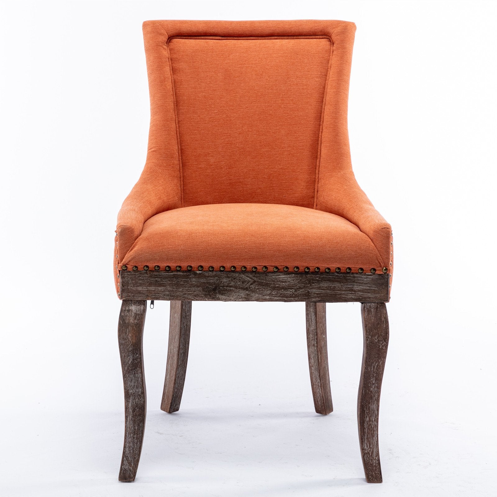 A&A Furniture, Ultra Side Dining Chair, Thickened fabric chairs with neutrally toned solid wood legs, Bronze nail head, Set of 2, Orange