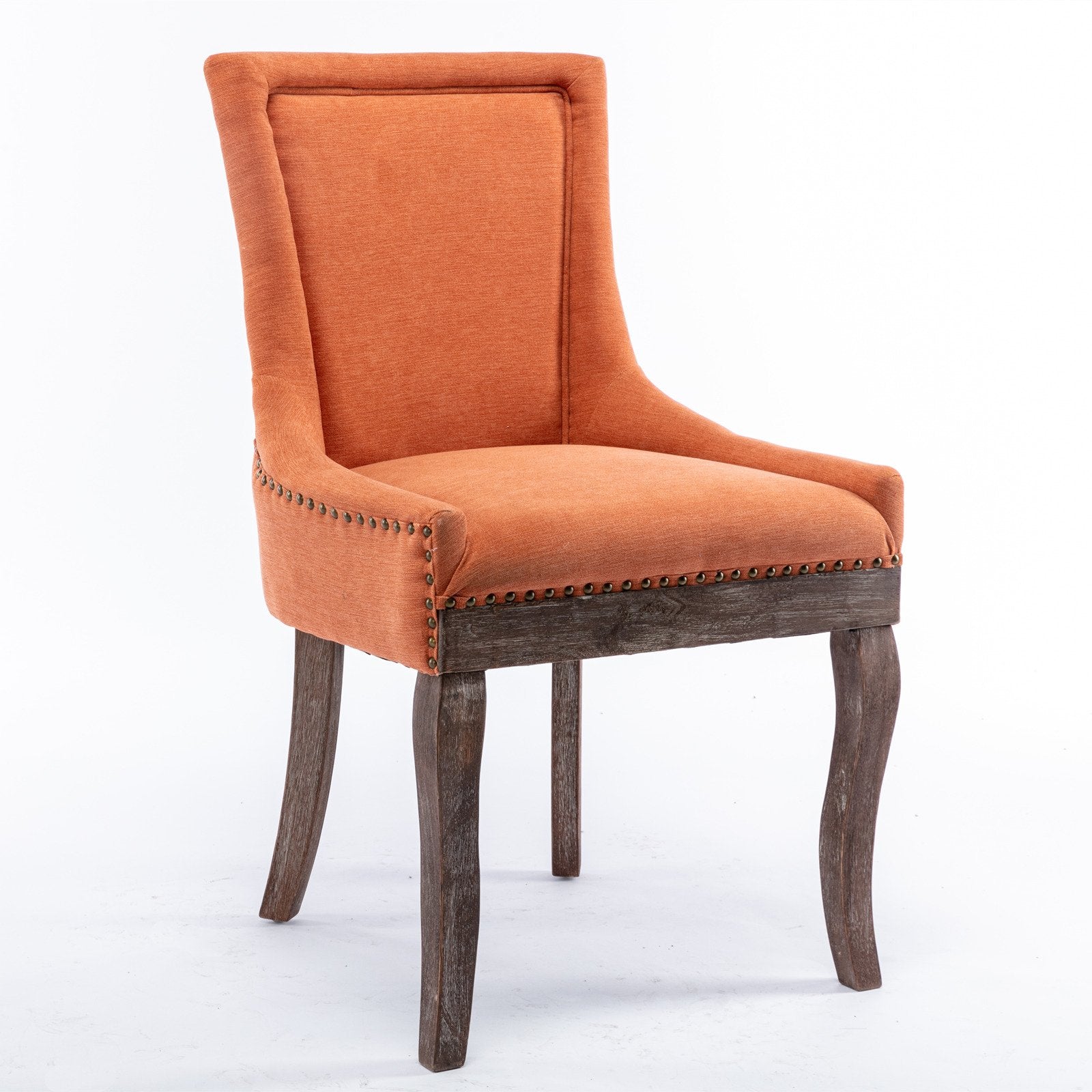 A&A Furniture, Ultra Side Dining Chair, Thickened fabric chairs with neutrally toned solid wood legs, Bronze nail head, Set of 2, Orange