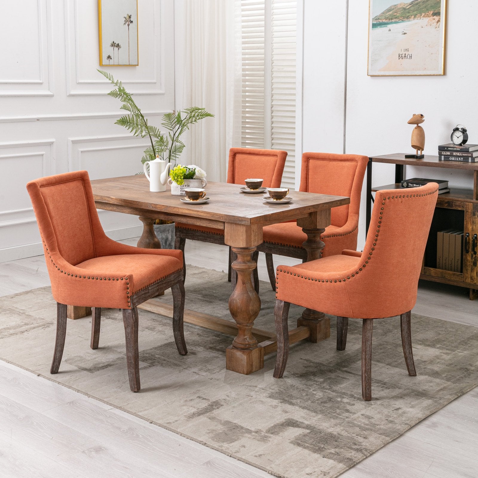 A&A Furniture, Ultra Side Dining Chair, Thickened fabric chairs with neutrally toned solid wood legs, Bronze nail head, Set of 2, Orange
