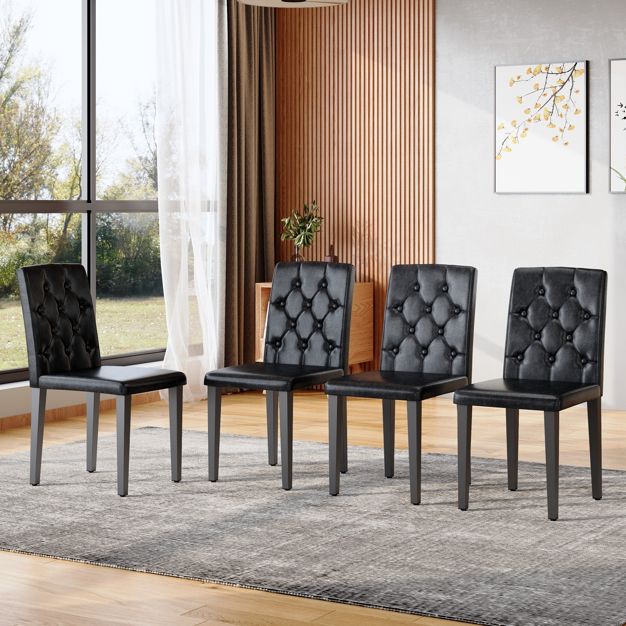 4-pack black PU dining chairs: ergonomic buckle backrest, 35 inches high, black metal legs