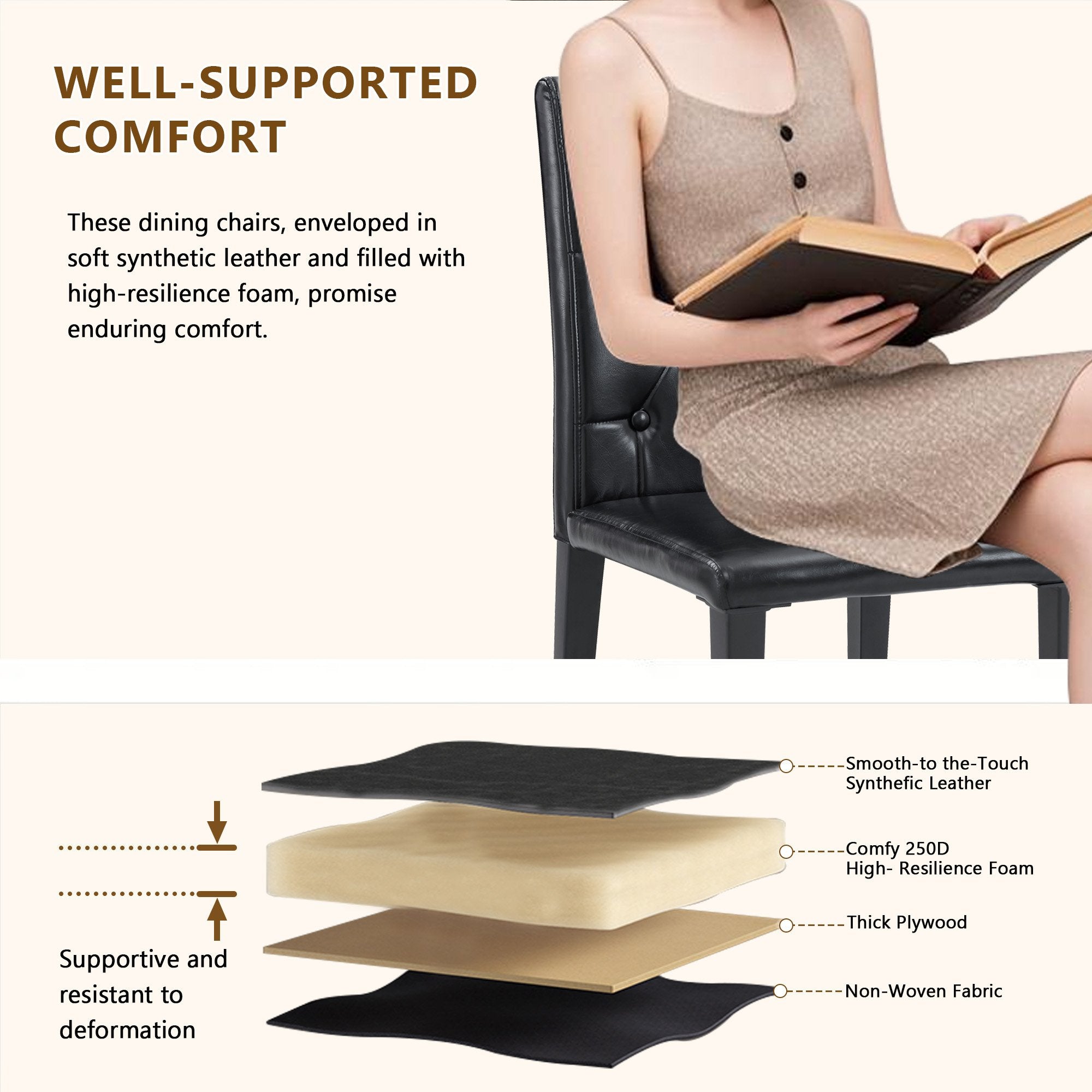 4-pack black PU dining chairs: ergonomic buckle backrest, 35 inches high, black metal legs