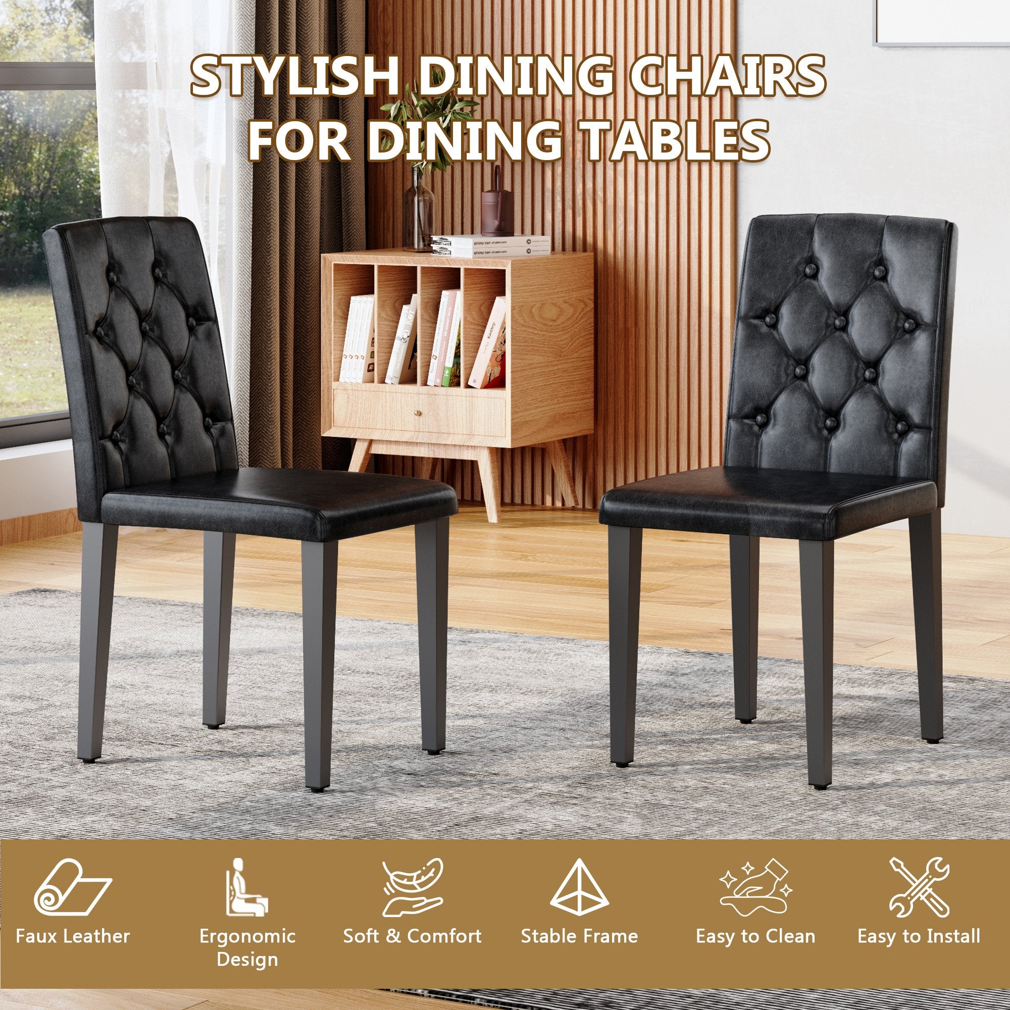 4-pack black PU dining chairs: ergonomic buckle backrest, 35 inches high, black metal legs