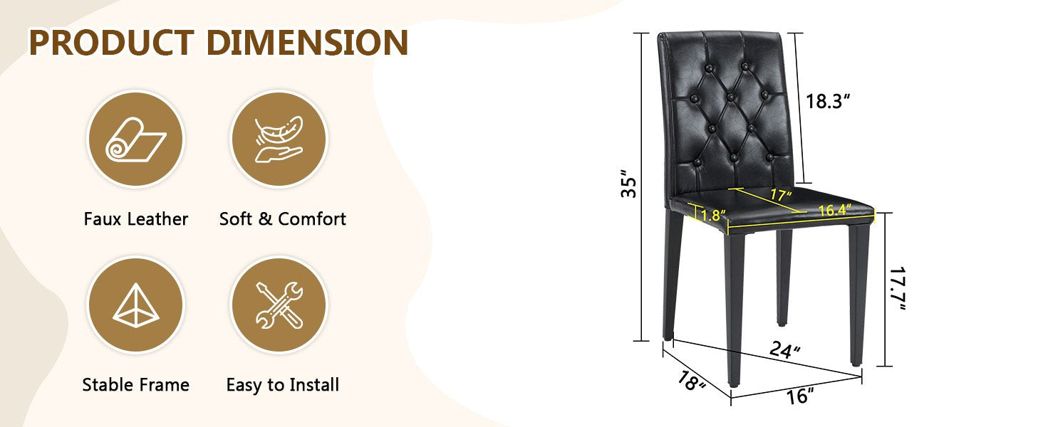 4-pack black PU dining chairs: ergonomic buckle backrest, 35 inches high, black metal legs