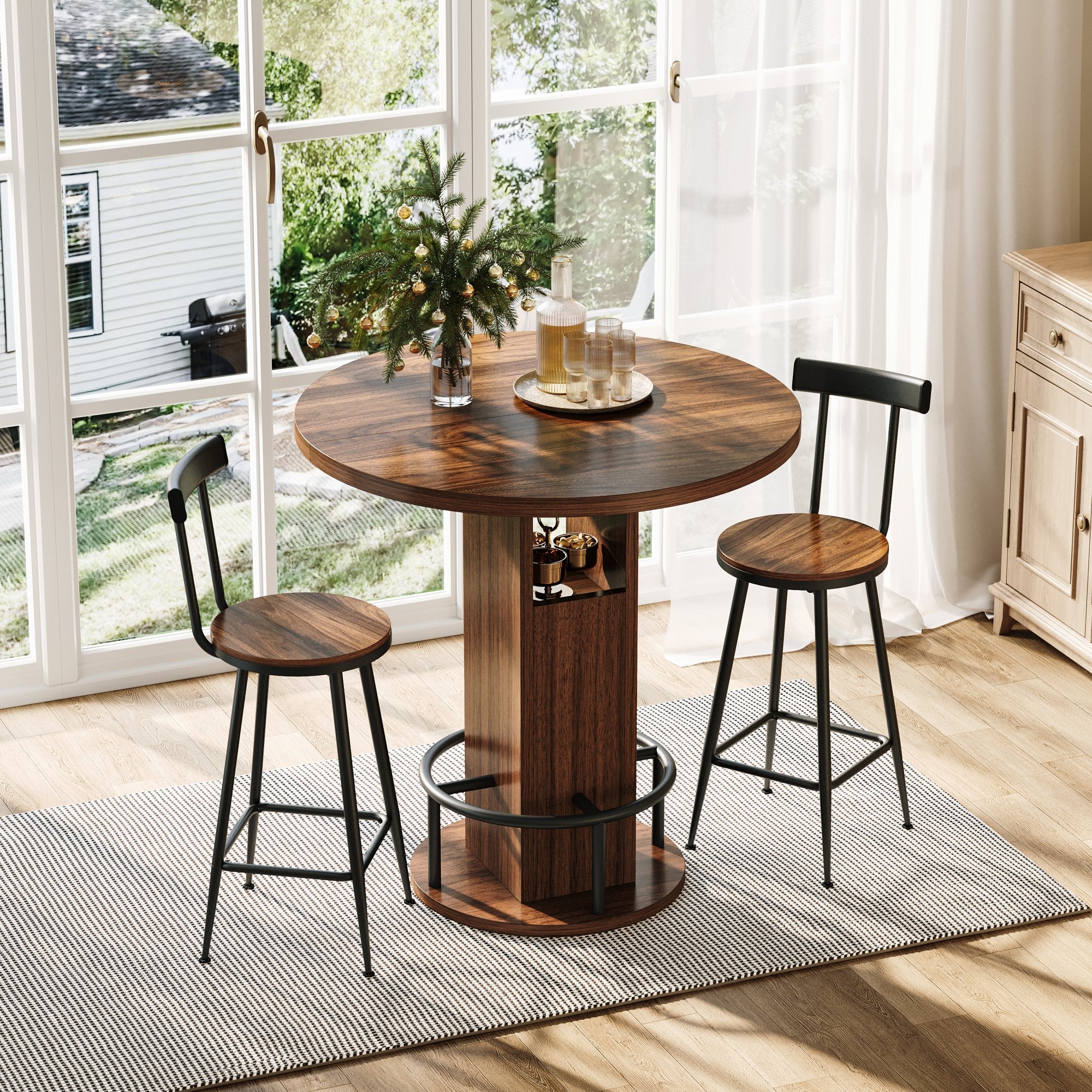 3-Piece Bar Table and Stool Set 31.5-inch round bar table with two stools Compact wooden dining bar with metal ring footrest Ideal, cafes – Walnut