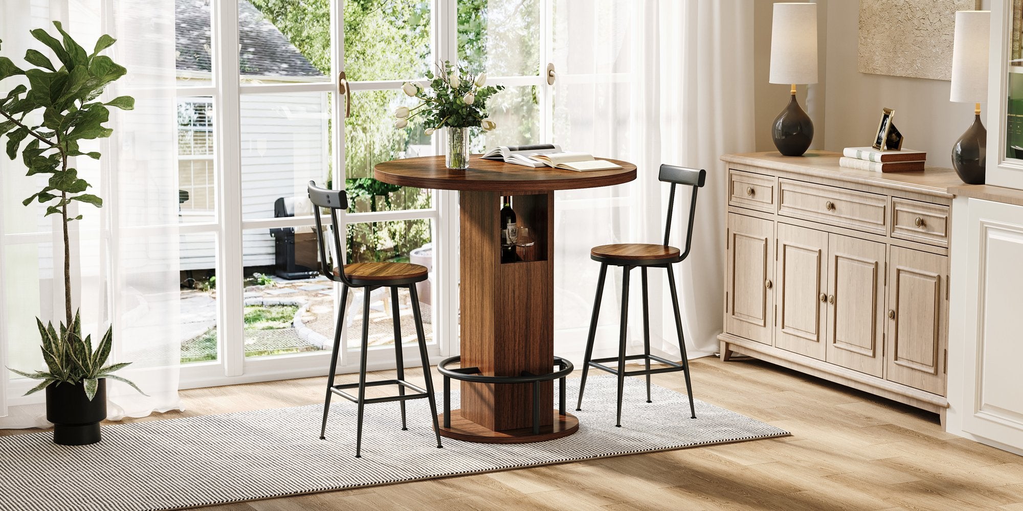 3-Piece Bar Table and Stool Set 31.5-inch round bar table with two stools Compact wooden dining bar with metal ring footrest Ideal, cafes – Walnut