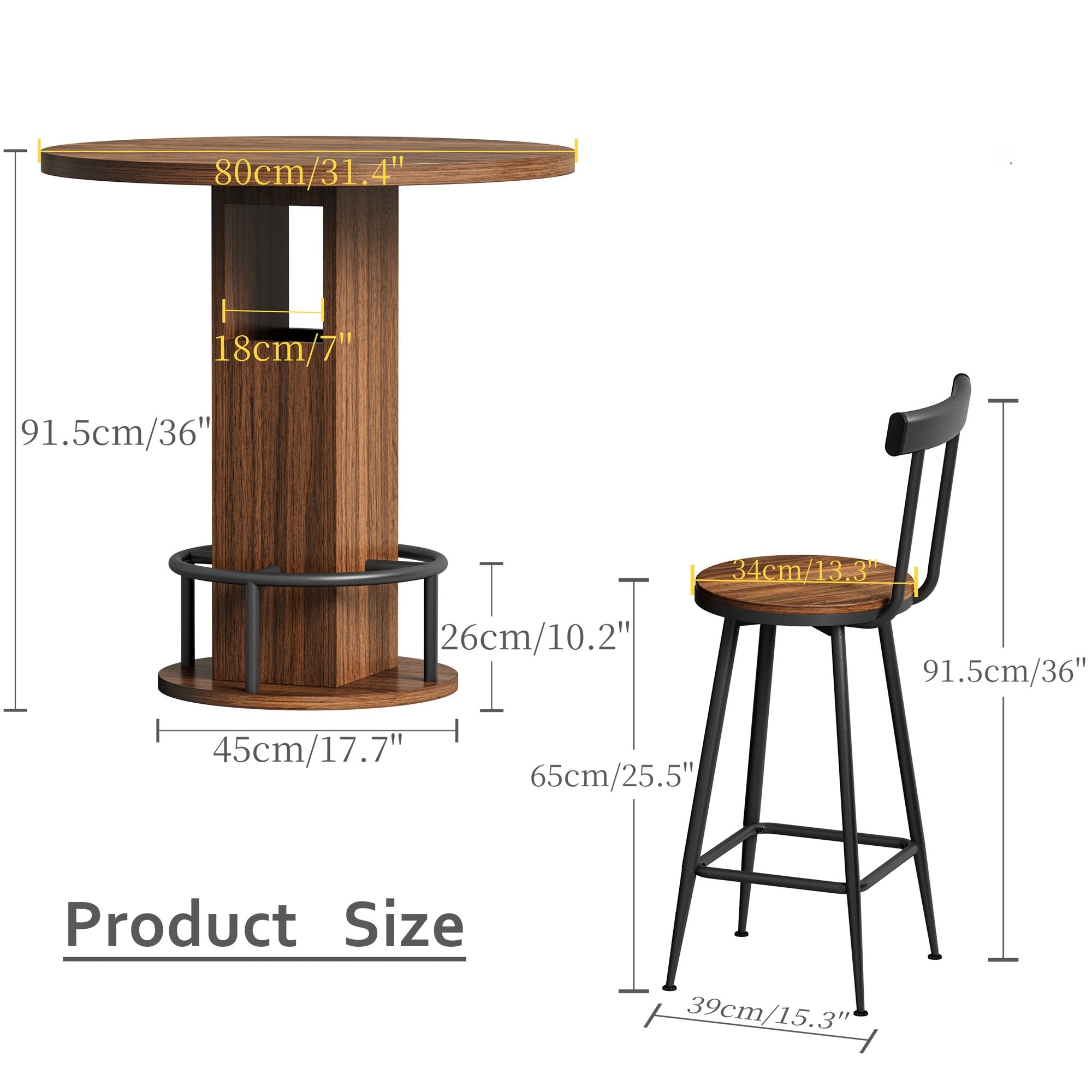 3-Piece Bar Table and Stool Set 31.5-inch round bar table with two stools Compact wooden dining bar with metal ring footrest Ideal, cafes – Walnut