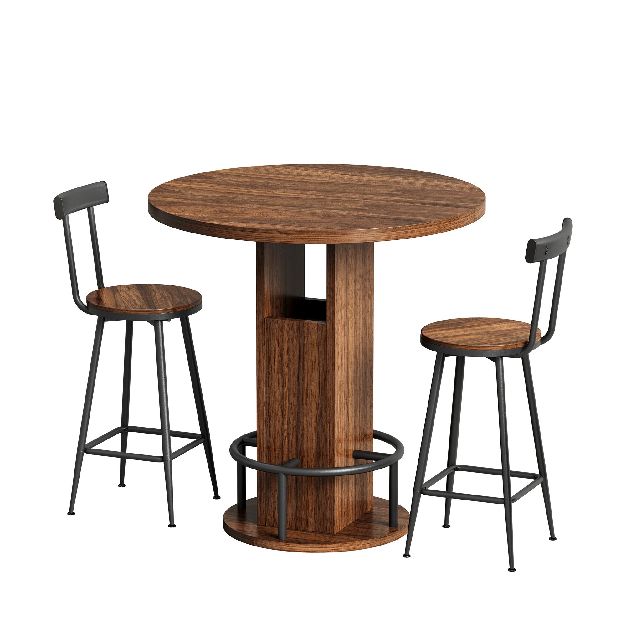 3-Piece Bar Table and Stool Set 31.5-inch round bar table with two stools Compact wooden dining bar with metal ring footrest Ideal, cafes – Walnut