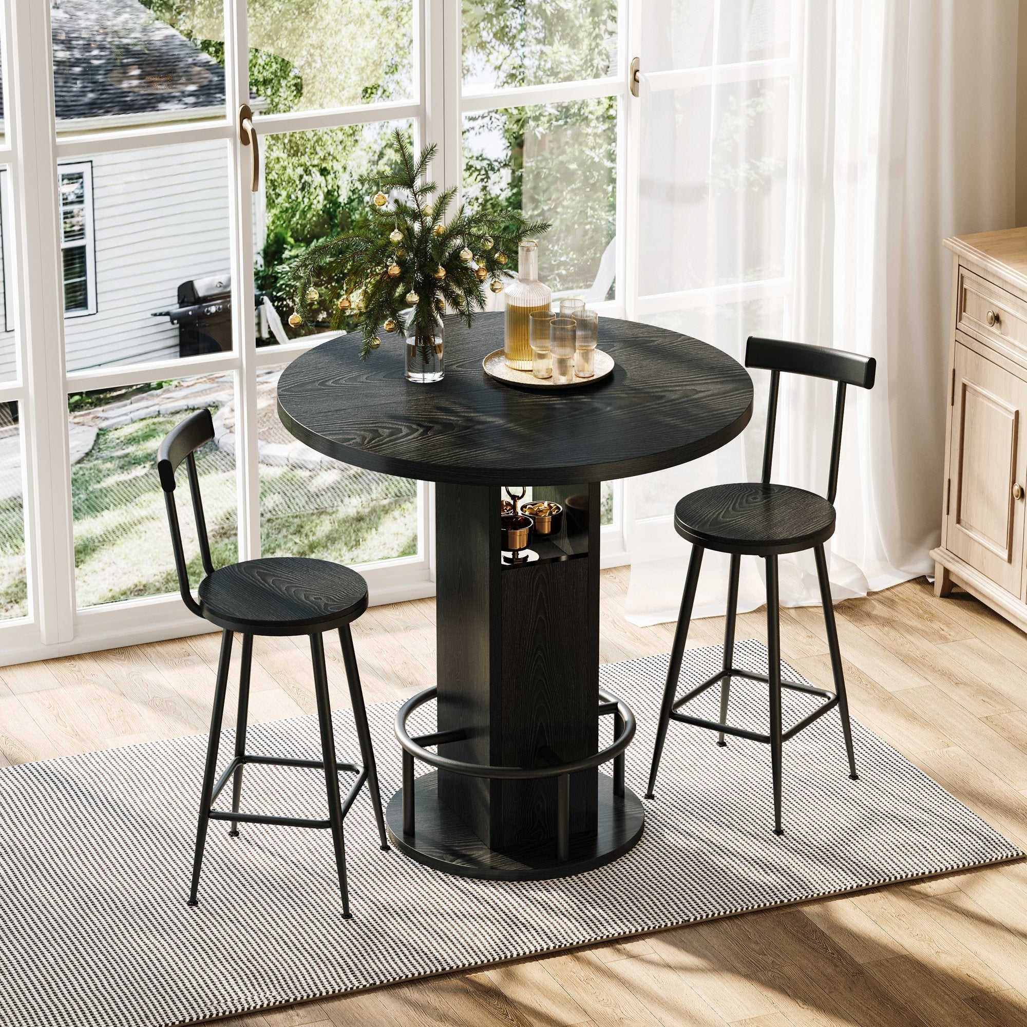 3-Piece Bar Table and Stool Set 31.5-inch round bar table with two stools Compact wooden dining bar with metal ring footrest Ideal, cafes – Black