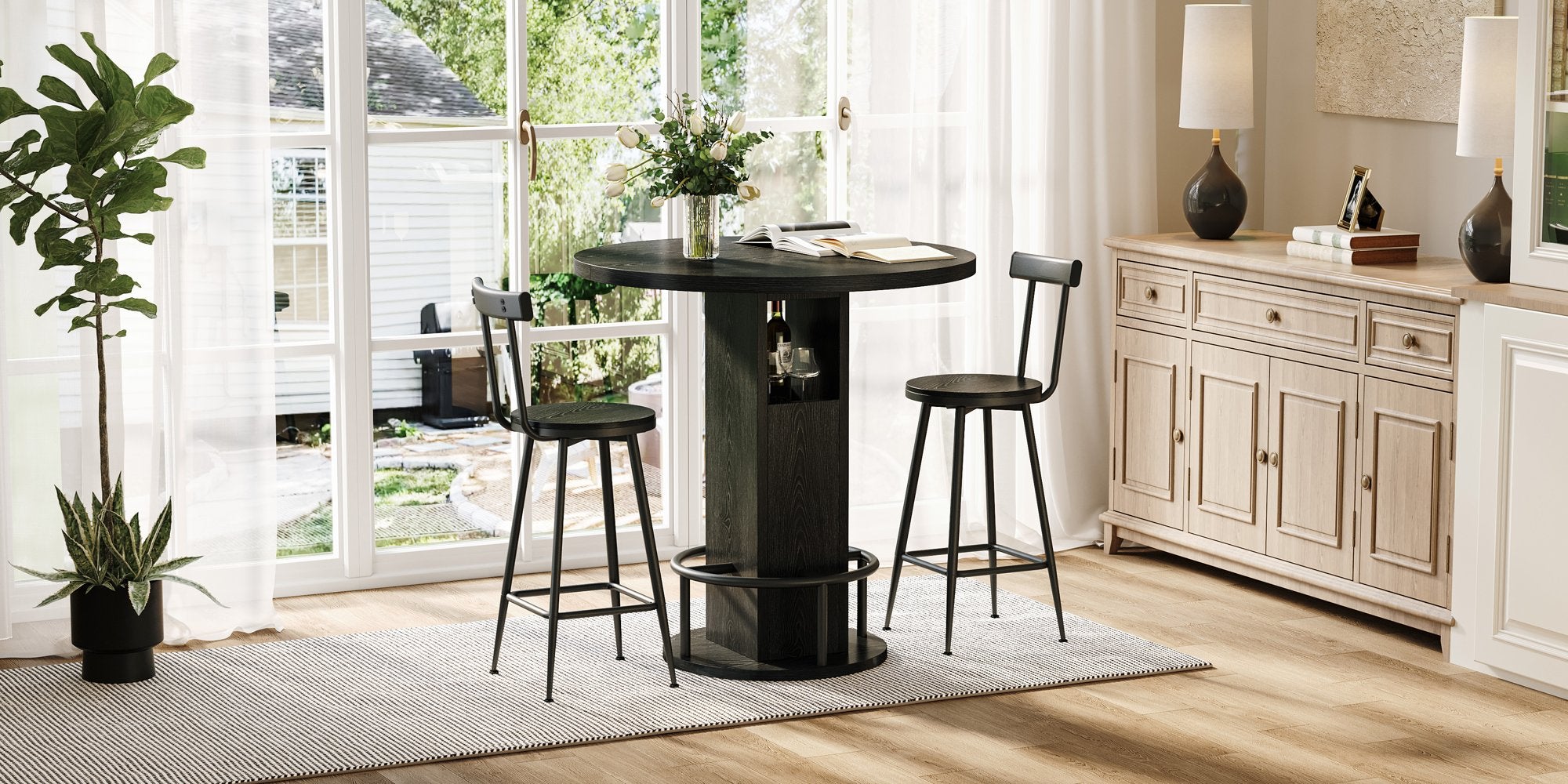 3-Piece Bar Table and Stool Set 31.5-inch round bar table with two stools Compact wooden dining bar with metal ring footrest Ideal, cafes – Black