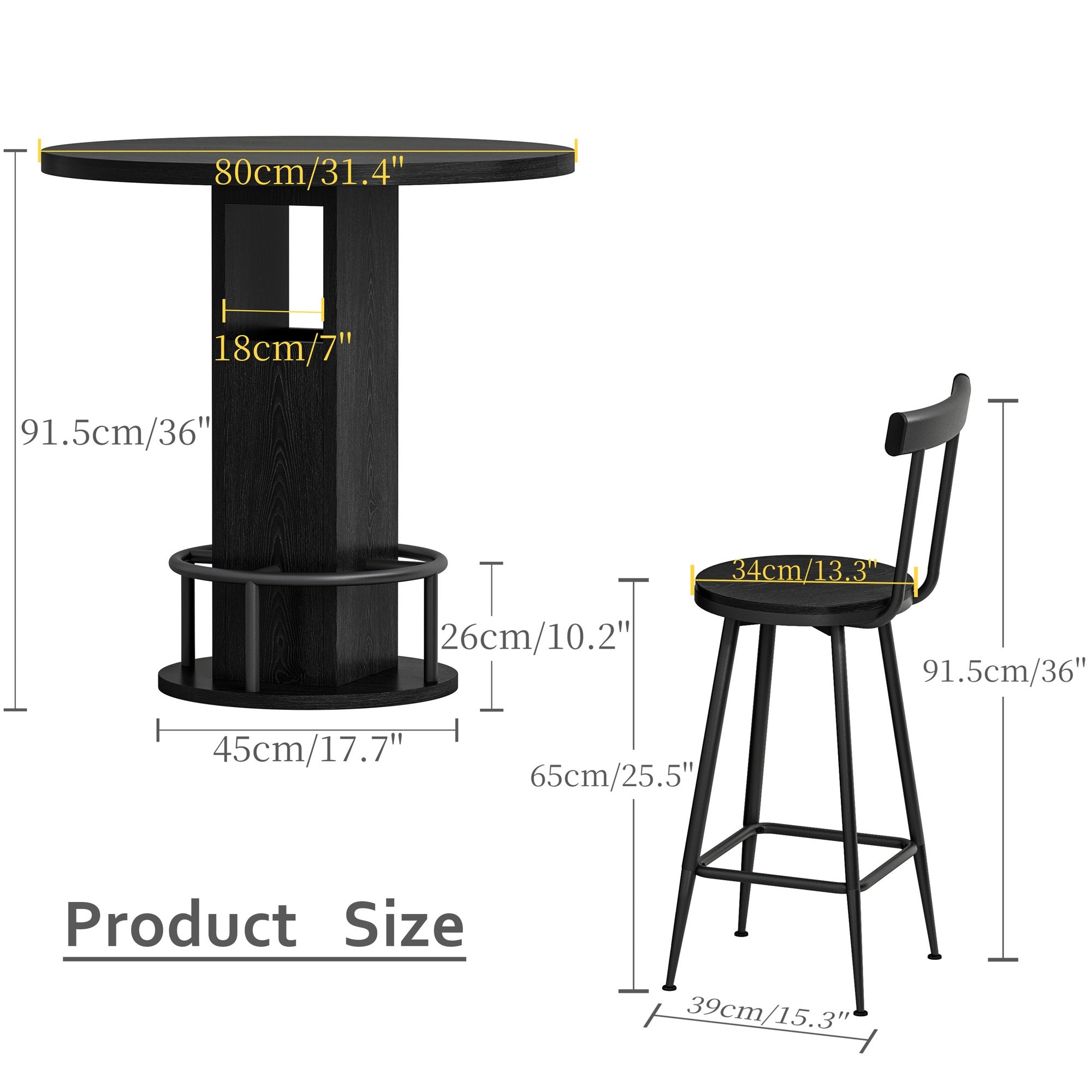 3-Piece Bar Table and Stool Set 31.5-inch round bar table with two stools Compact wooden dining bar with metal ring footrest Ideal, cafes – Black