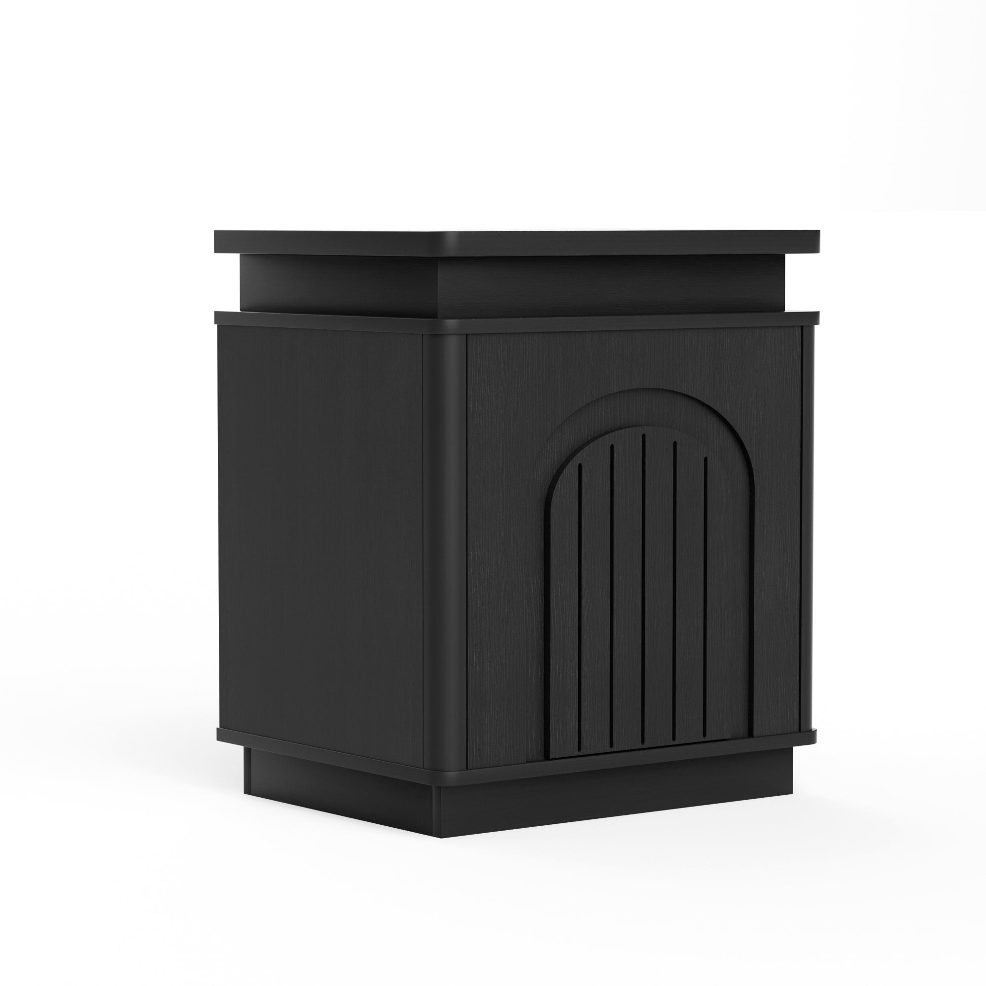 Two-piece nightstand set with arched recesses, storage cabinets with LED lighting, ample storage space, and magnetic push-to-open doors; suitable for bedrooms, living rooms, and offices; Black