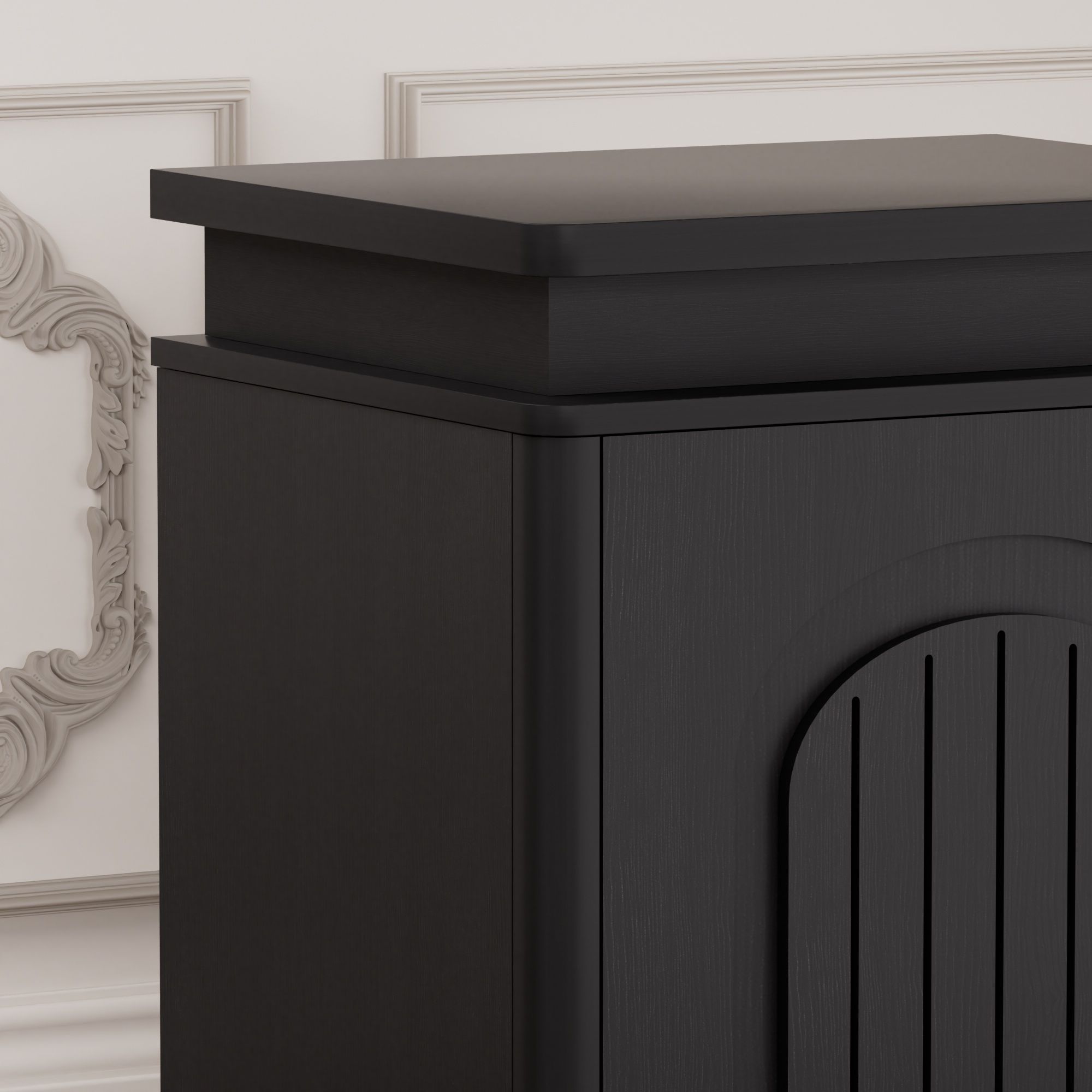 Two-piece nightstand set with arched recesses, storage cabinets with LED lighting, ample storage space, and magnetic push-to-open doors; suitable for bedrooms, living rooms, and offices; Black