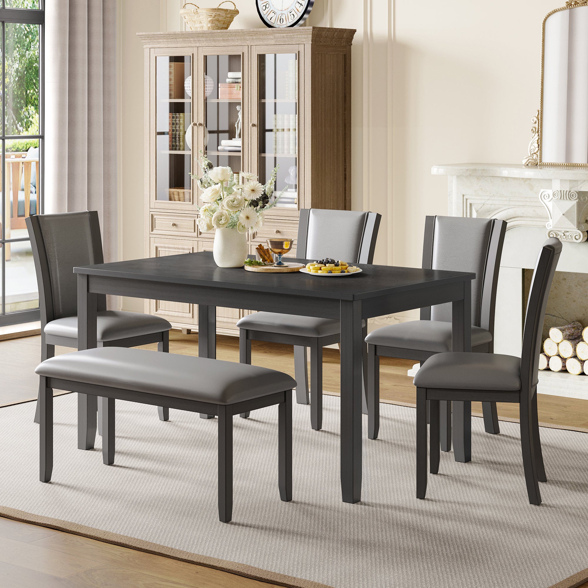 Modern 6-Piece Dining Table Set with Bench and Chairs for Dining Room or Kitchen – Grey