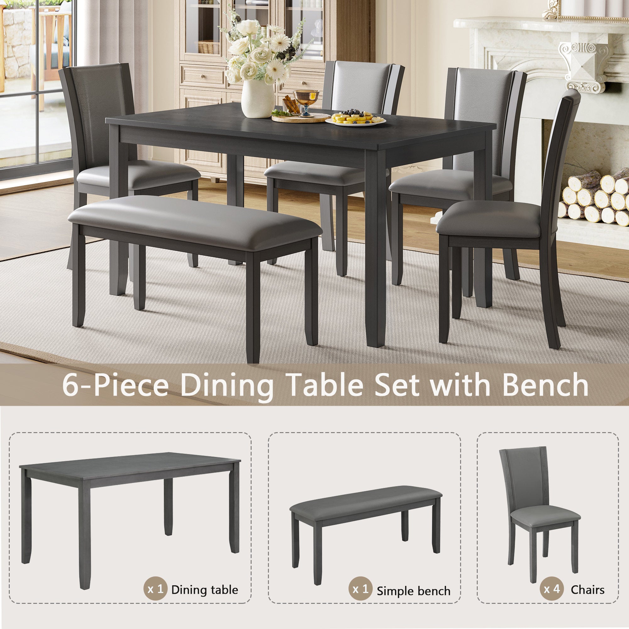 Modern 6-Piece Dining Table Set with Bench and Chairs for Dining Room or Kitchen – Grey