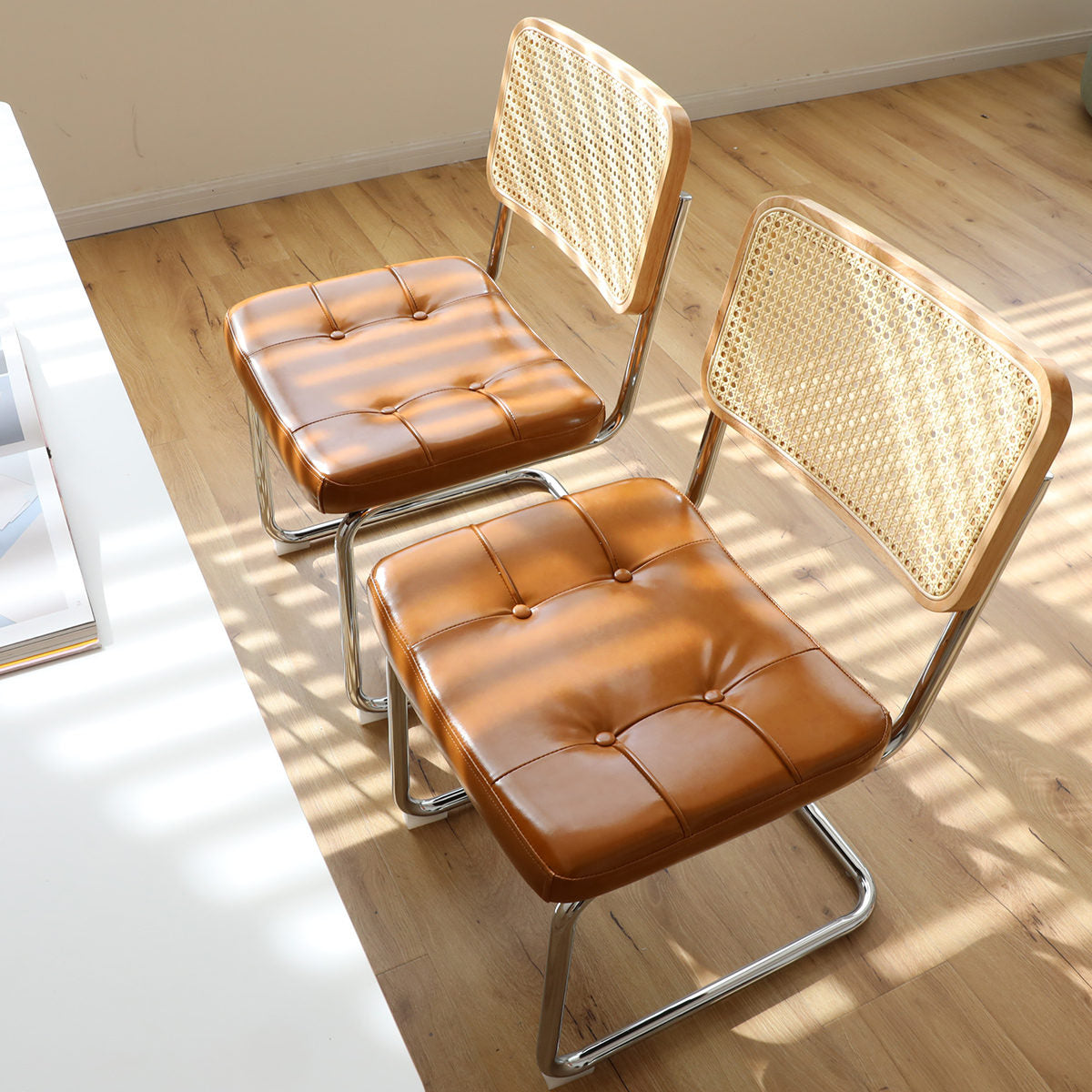 Dining Chairs Set of 2, Faux Leather Rattan Side Accent Chairs with Chrome Legs, Modern Mid Century Breuer Designed Chairs