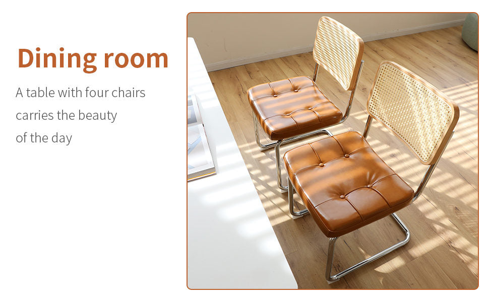 Dining Chairs Set of 2, Faux Leather Rattan Side Accent Chairs with Chrome Legs, Modern Mid Century Breuer Designed Chairs