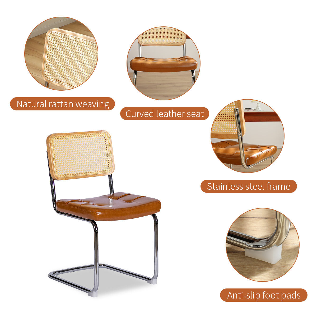 Dining Chairs Set of 2, Faux Leather Rattan Side Accent Chairs with Chrome Legs, Modern Mid Century Breuer Designed Chairs