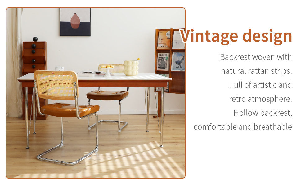 Dining Chairs Set of 2, Faux Leather Rattan Side Accent Chairs with Chrome Legs, Modern Mid Century Breuer Designed Chairs