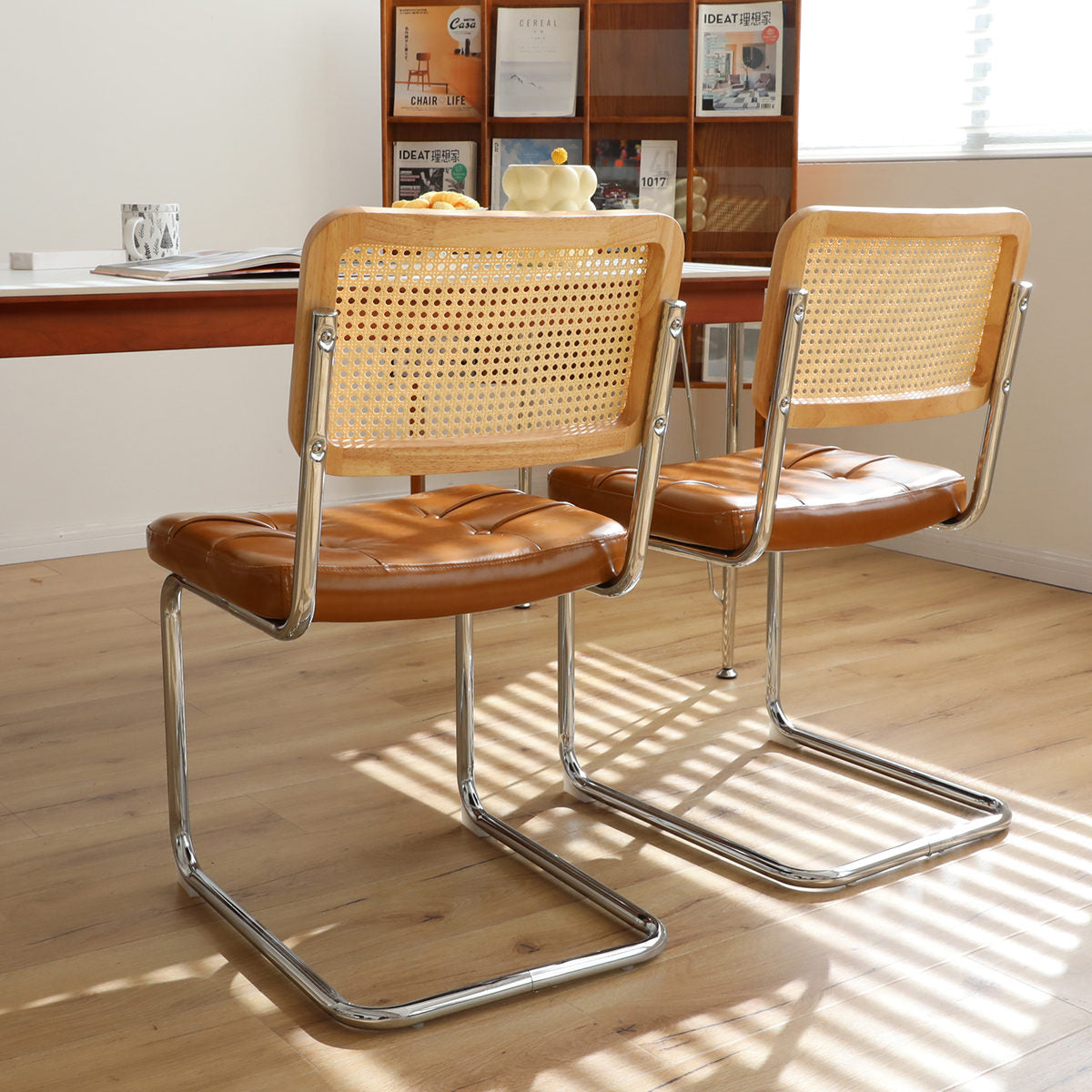 Dining Chairs Set of 2, Faux Leather Rattan Side Accent Chairs with Chrome Legs, Modern Mid Century Breuer Designed Chairs
