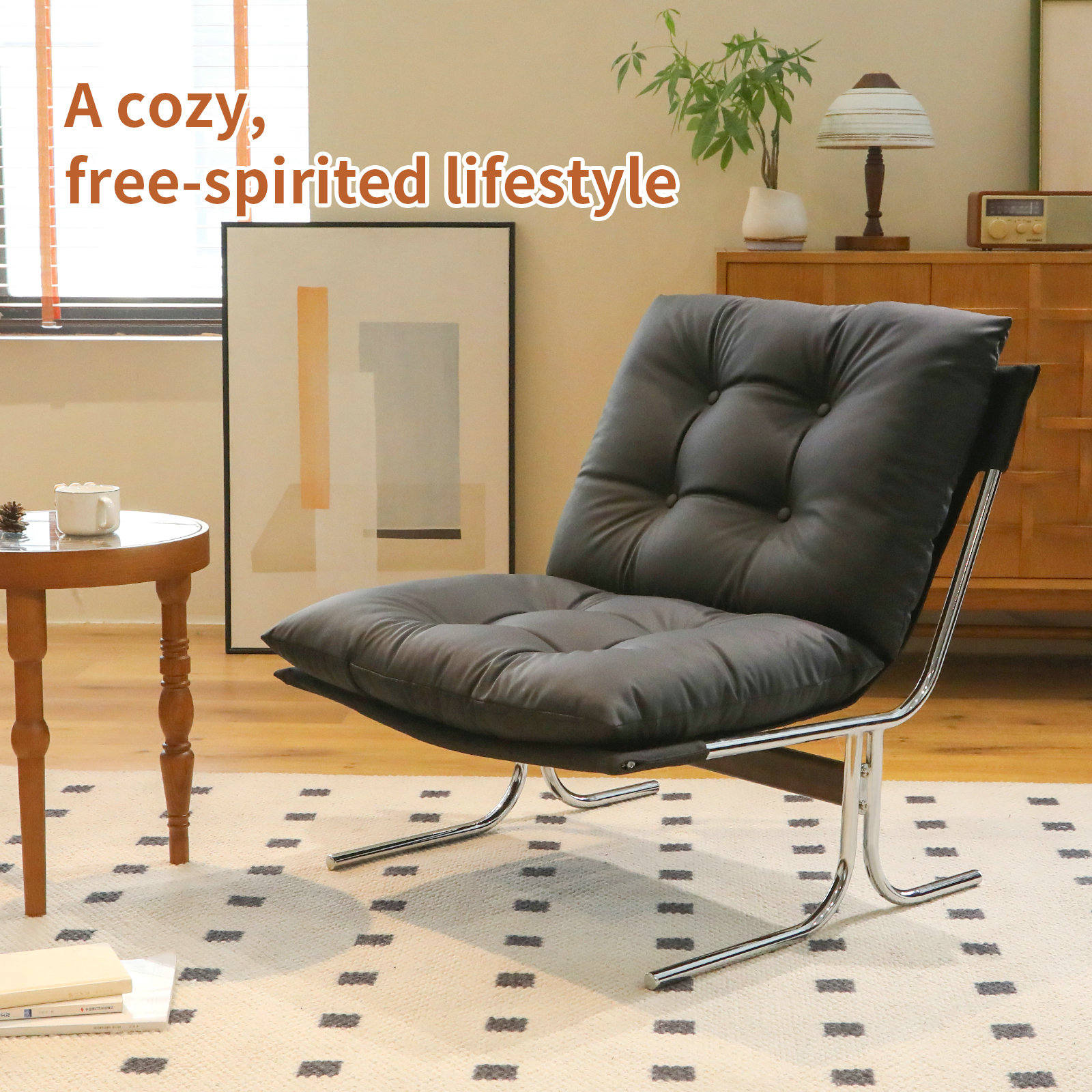 Leather Armchair, Modern Accent Chair High Back, Living Room Chairs with Metal Legs and Soft Padded, Sofa Chairs, Dining Room (Black-1pc)