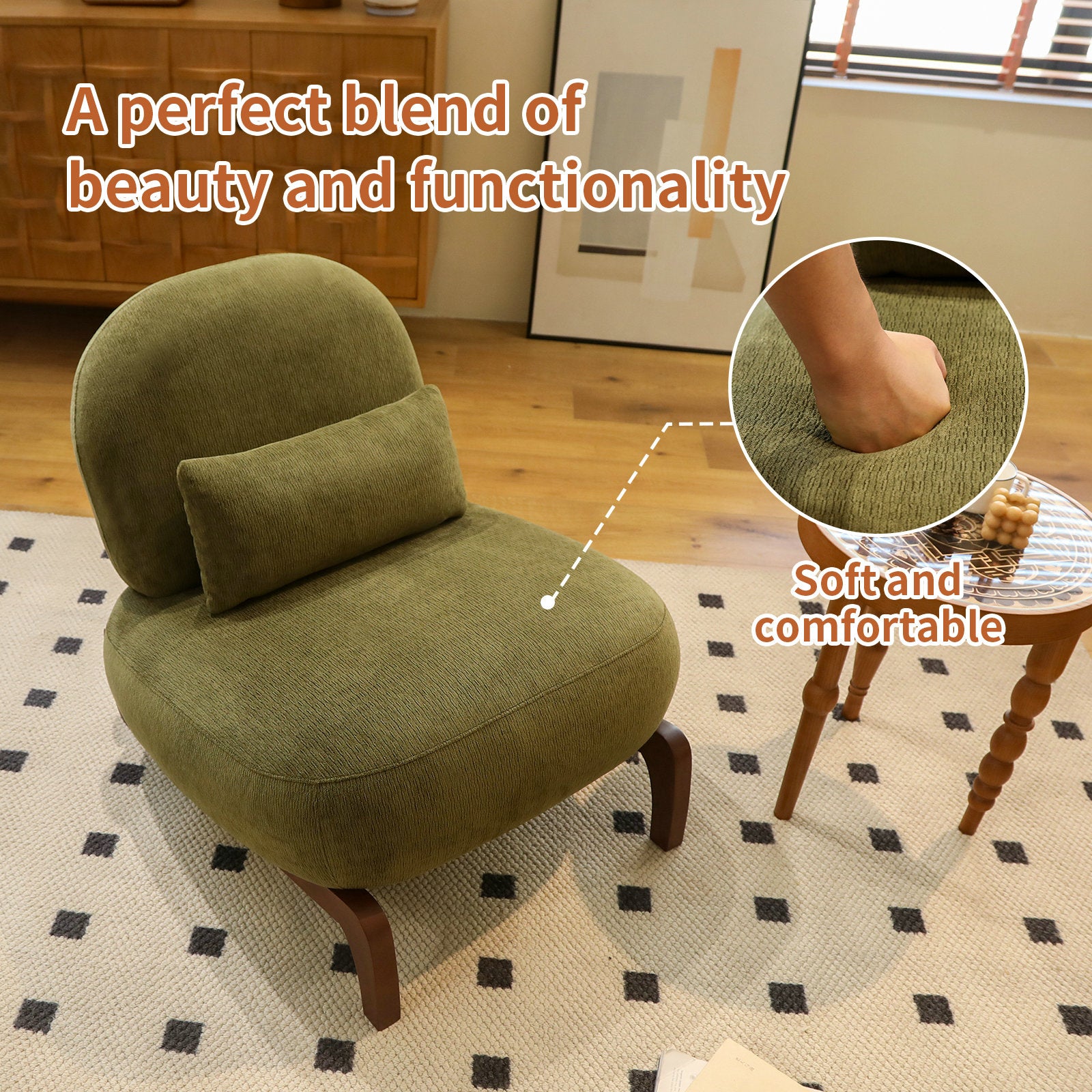 Cute Accent Chair with Solid Wood Legs, Velvet Living Room Chair with Soft Cushion, Cozy Bedroom Chair, Comfy Armless Reading Chair - Green – Model W2105S00014