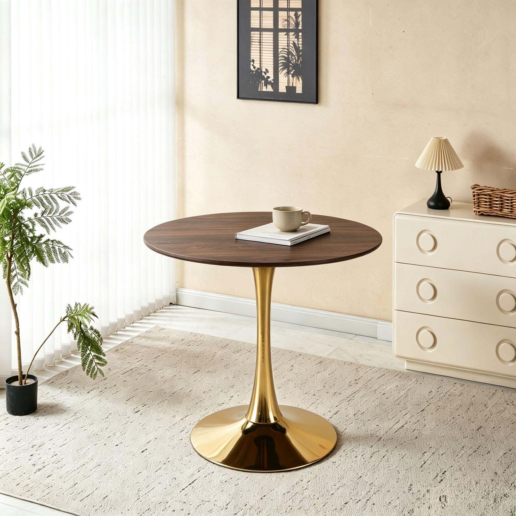 Mid-Century Tulip Table with Golden Legs and Walnut-Color MDF Top for 2-4 People, Round Pedestal Dining Table, Coffee Table, End Table