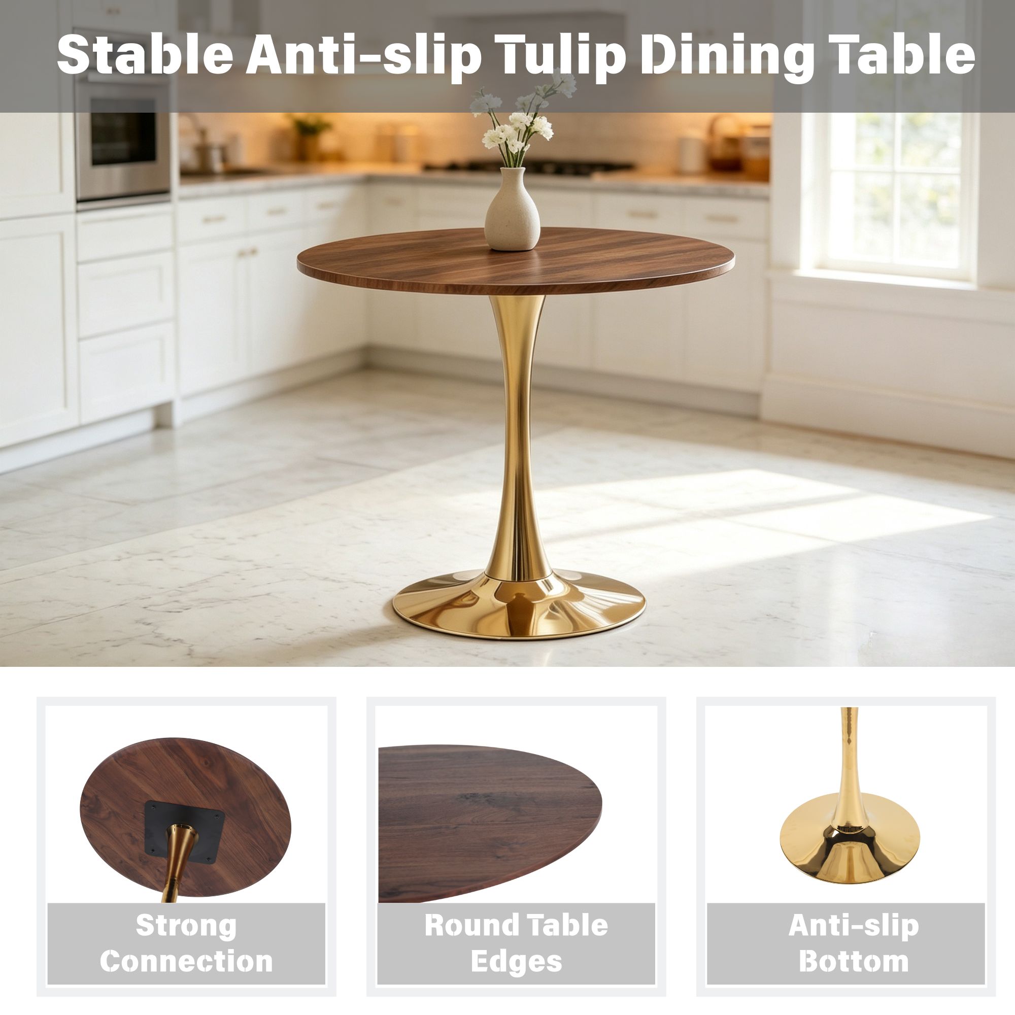 Mid-Century Tulip Table with Golden Legs and Walnut-Color MDF Top for 2-4 People, Round Pedestal Dining Table, Coffee Table, End Table
