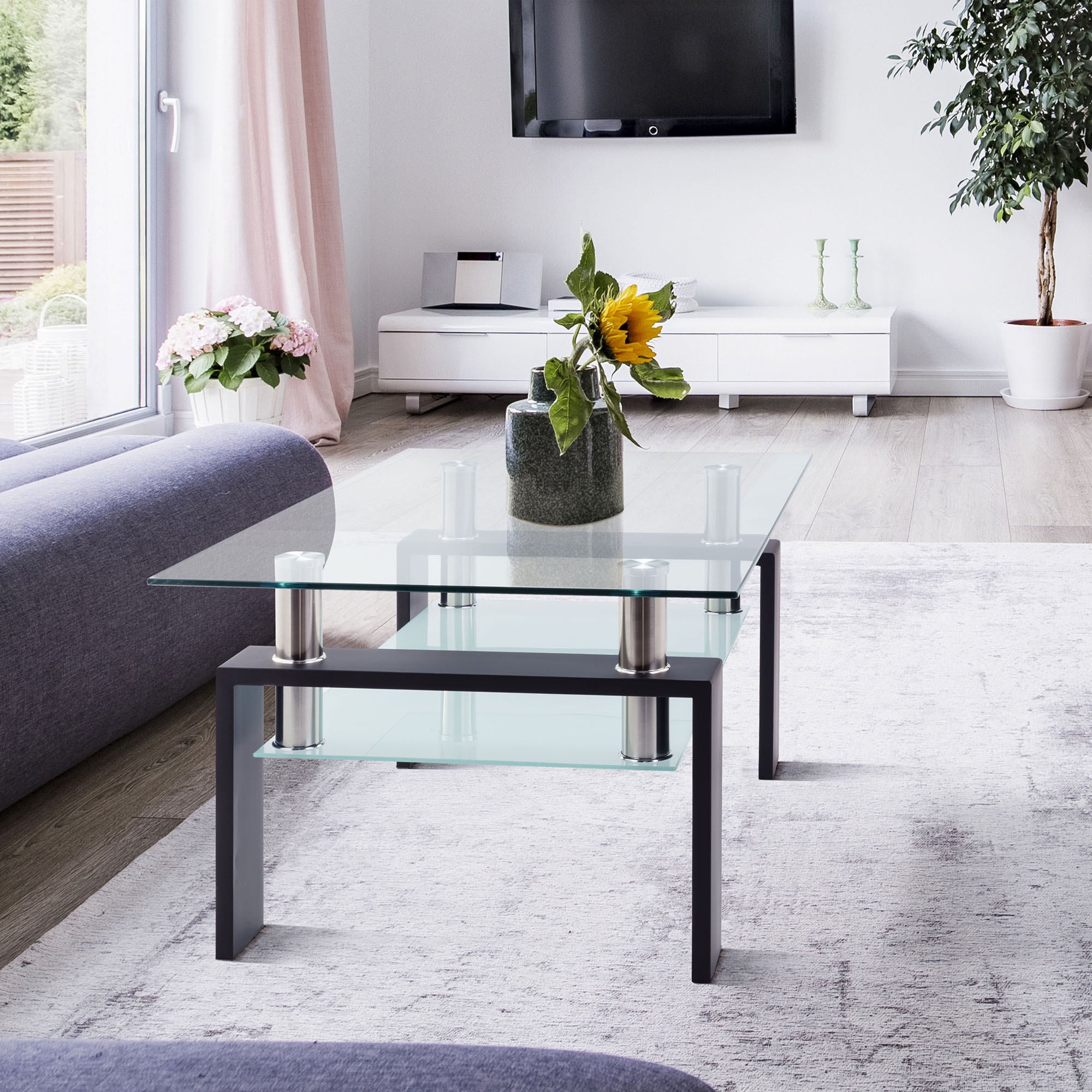 Rectangle Glass Coffee Table, Clear Coffee Table, Modern Side Center Tables, Living Room Furniture – Model W241P367356