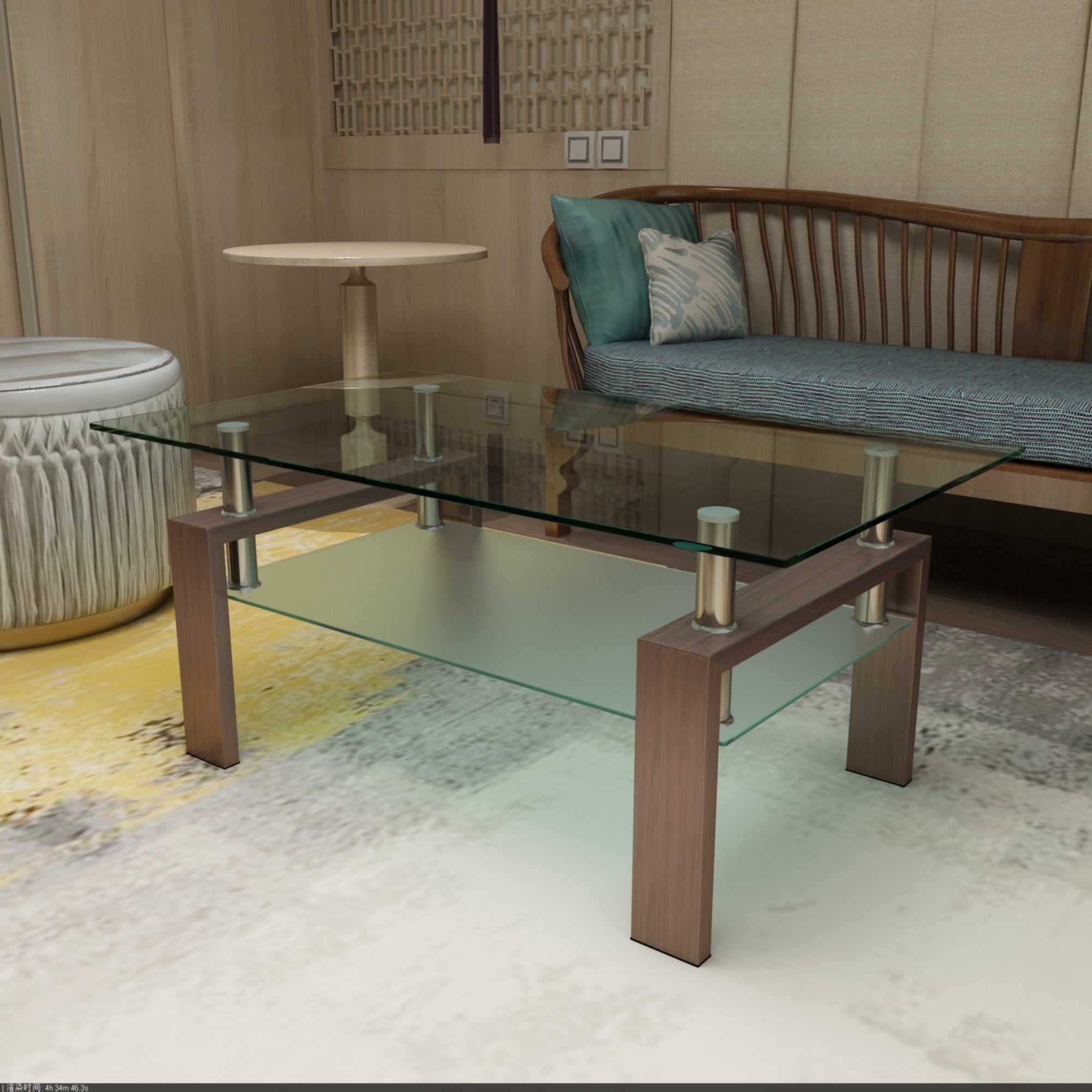 Rectangle Glass Coffee Table, Clear Coffee Table, Modern Side Center Tables, Living Room Furniture – Walnut