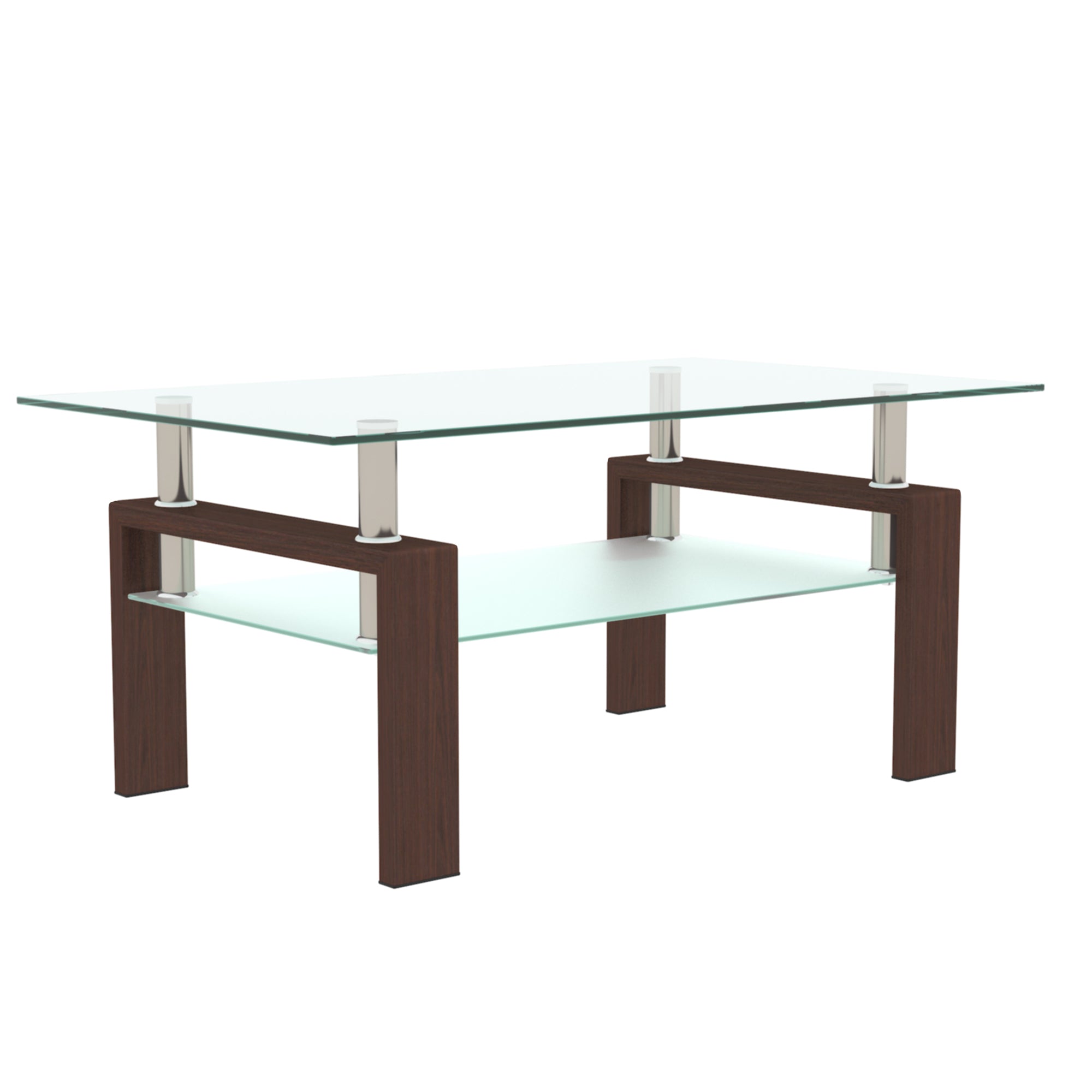 Rectangle Glass Coffee Table, Clear Coffee Table, Modern Side Center Tables, Living Room Furniture – Walnut