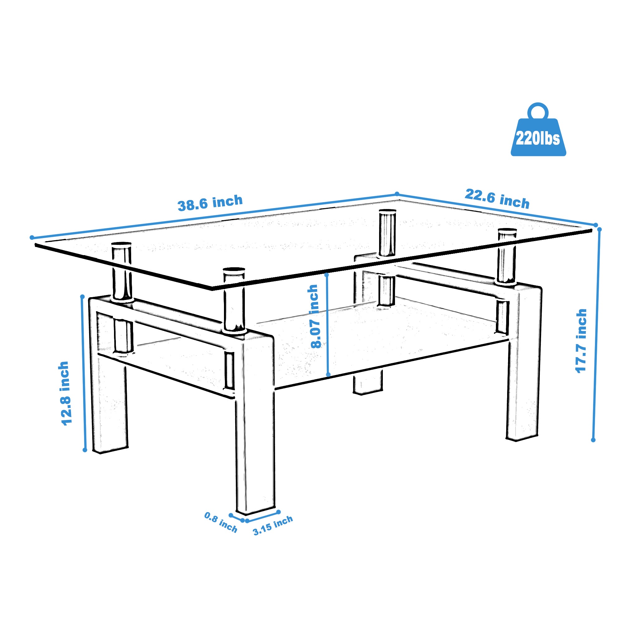 Rectangle Glass Coffee Table, Clear Coffee Table, Modern Side Center Tables, Living Room Furniture – Walnut