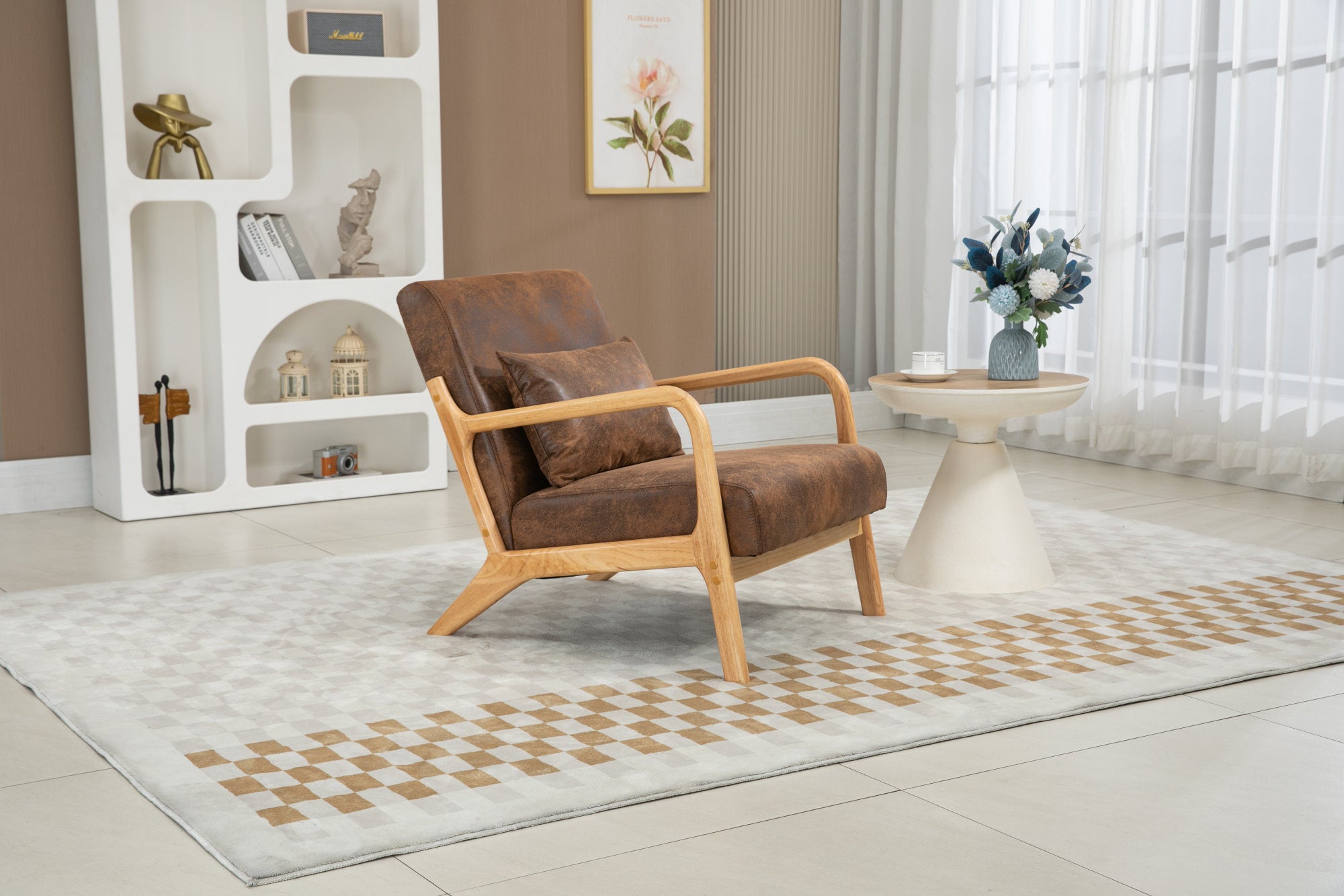 Mid Century Modern Accent Chair with Wood Frame, Upholstered Living Room Chairs with Waist Cushion, Reading Armchair for Bedroom Sunroom – Antique Brown
