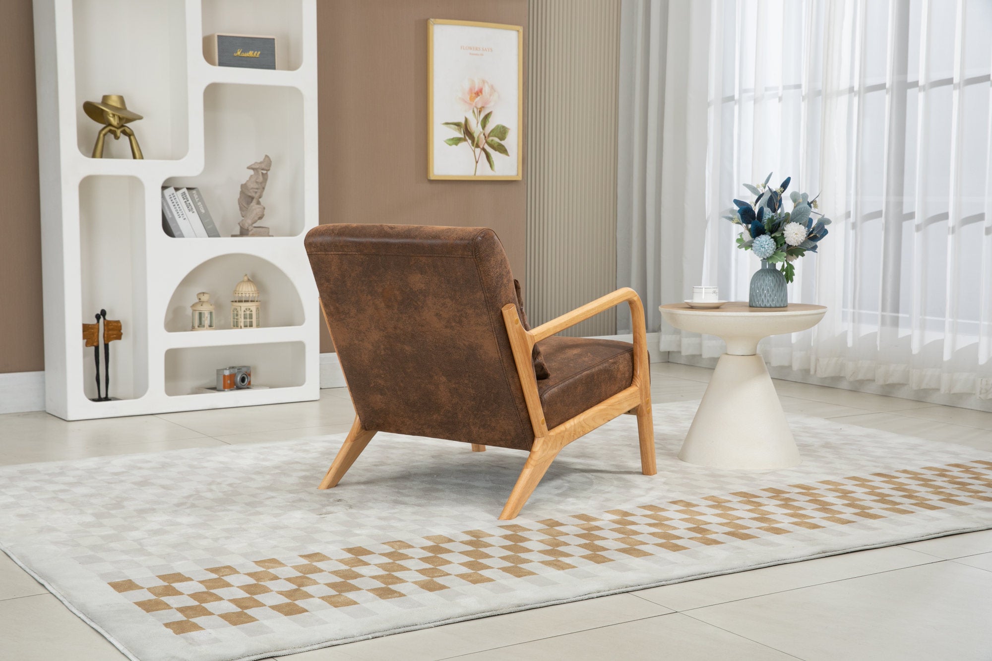 Mid Century Modern Accent Chair with Wood Frame, Upholstered Living Room Chairs with Waist Cushion, Reading Armchair for Bedroom Sunroom – Antique Brown