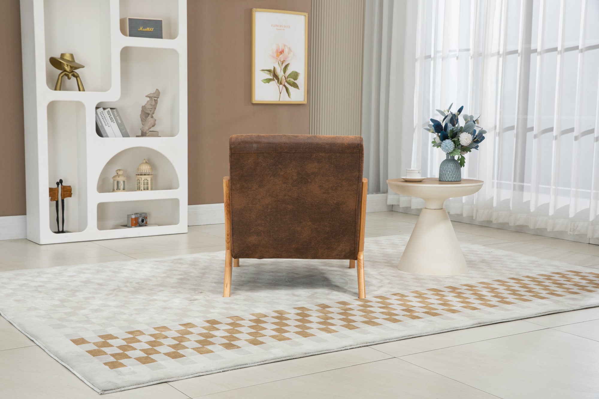 Mid Century Modern Accent Chair with Wood Frame, Upholstered Living Room Chairs with Waist Cushion, Reading Armchair for Bedroom Sunroom – Antique Brown