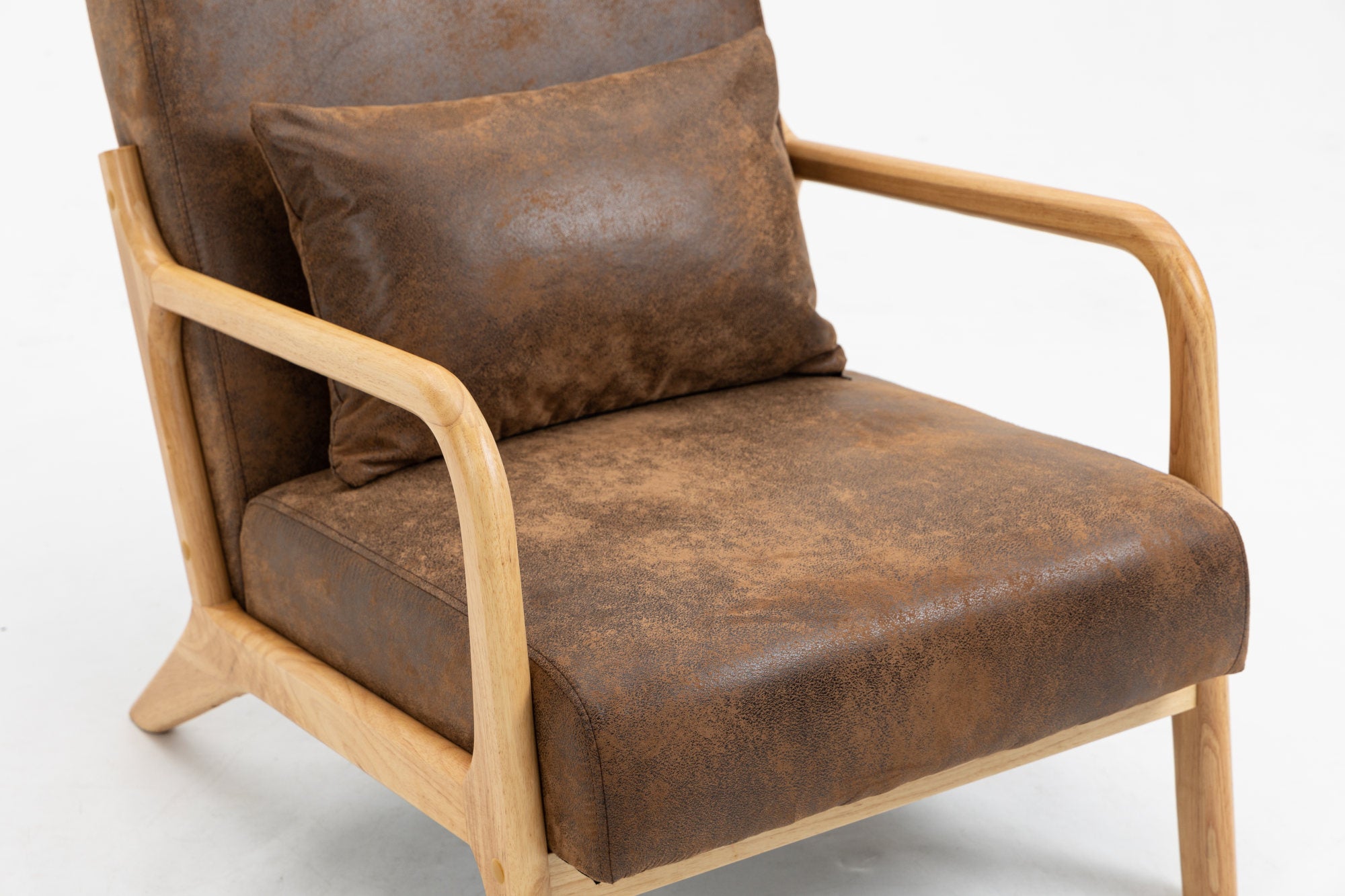 Mid Century Modern Accent Chair with Wood Frame, Upholstered Living Room Chairs with Waist Cushion, Reading Armchair for Bedroom Sunroom – Antique Brown