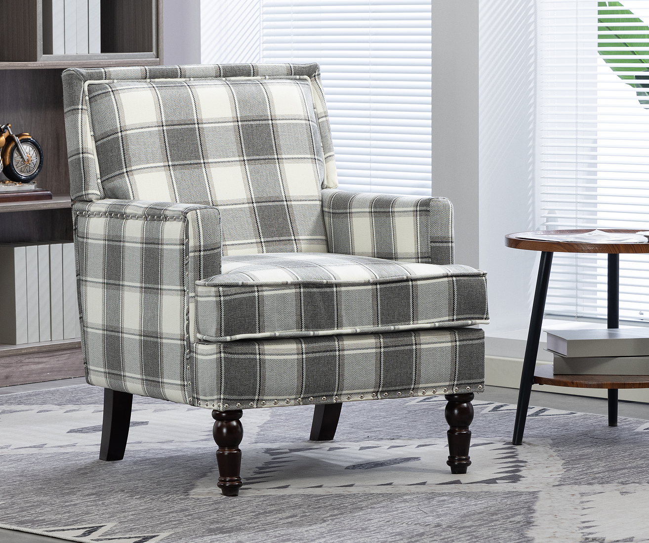 Upholstered Accent Chair, Vintage Armchair with Grey Linen Fabric and Nailhead Trim