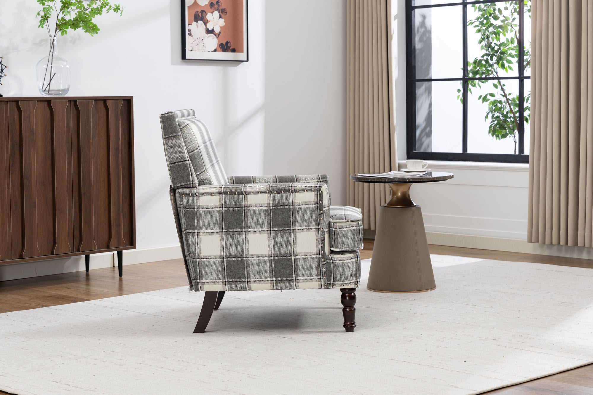 Upholstered Accent Chair, Vintage Armchair with Grey Linen Fabric and Nailhead Trim