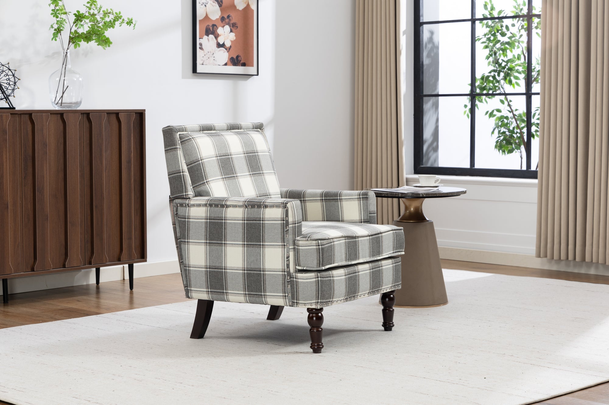 Upholstered Accent Chair, Vintage Armchair with Grey Linen Fabric and Nailhead Trim