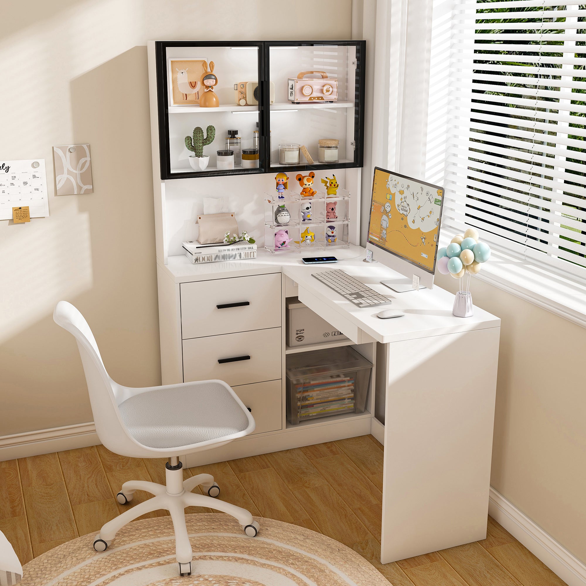 White L-Shaped Computer Desk with Glass Cabinets, Built-In LED Lights, USB Charging Ports