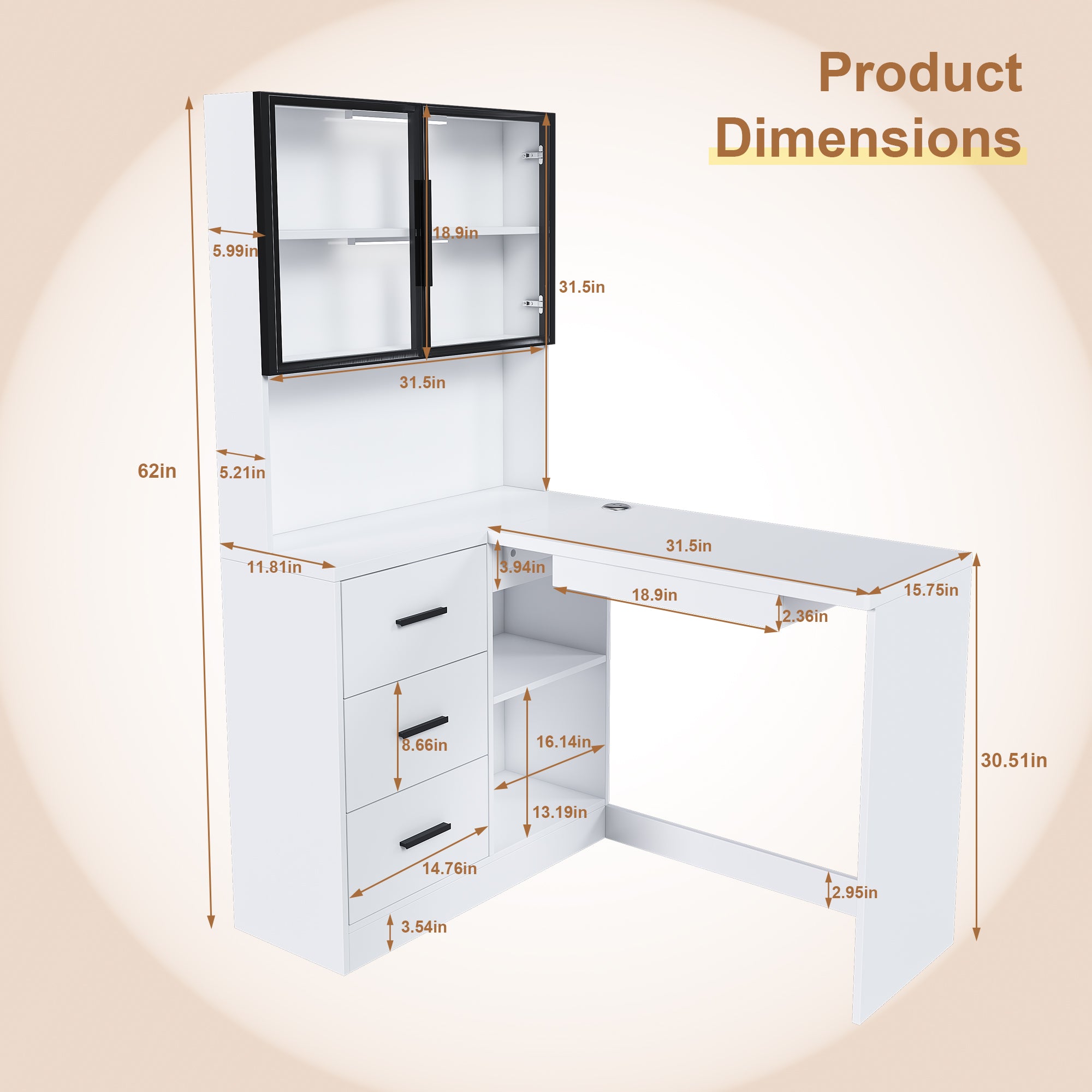 White L-Shaped Computer Desk with Glass Cabinets, Built-In LED Lights, USB Charging Ports