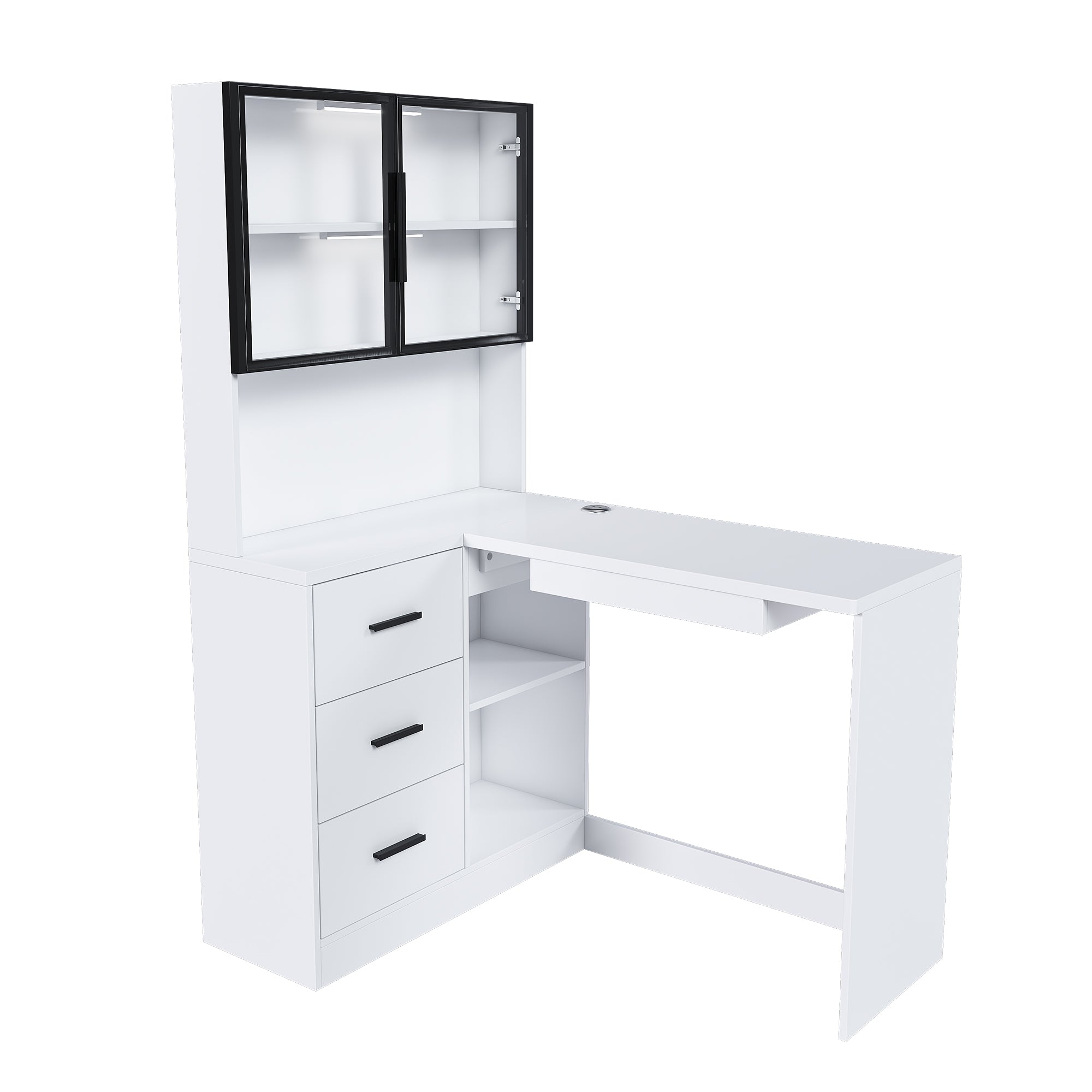 White L-Shaped Computer Desk with Glass Cabinets, Built-In LED Lights, USB Charging Ports